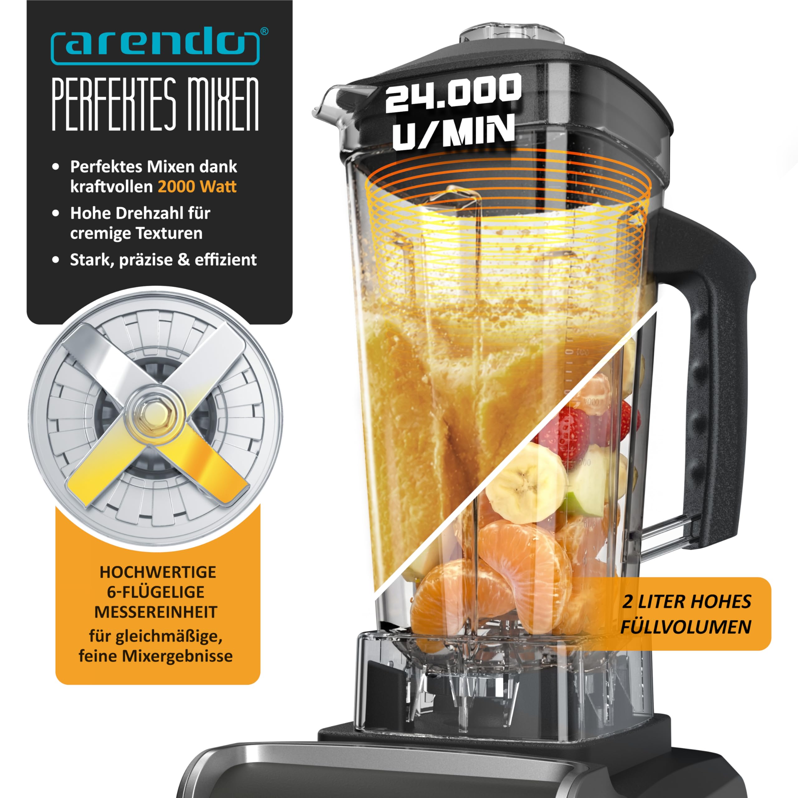 Arendo – Hochleistungsmixer 2000 Watt - Standmixer Edelstahl - 2 Liter Fassungsvermögen – mit Display - 9 Geschwindigkeitsstufen – hochwertige Edelstahl-Messereinheit – 3 voreingestellte Programme