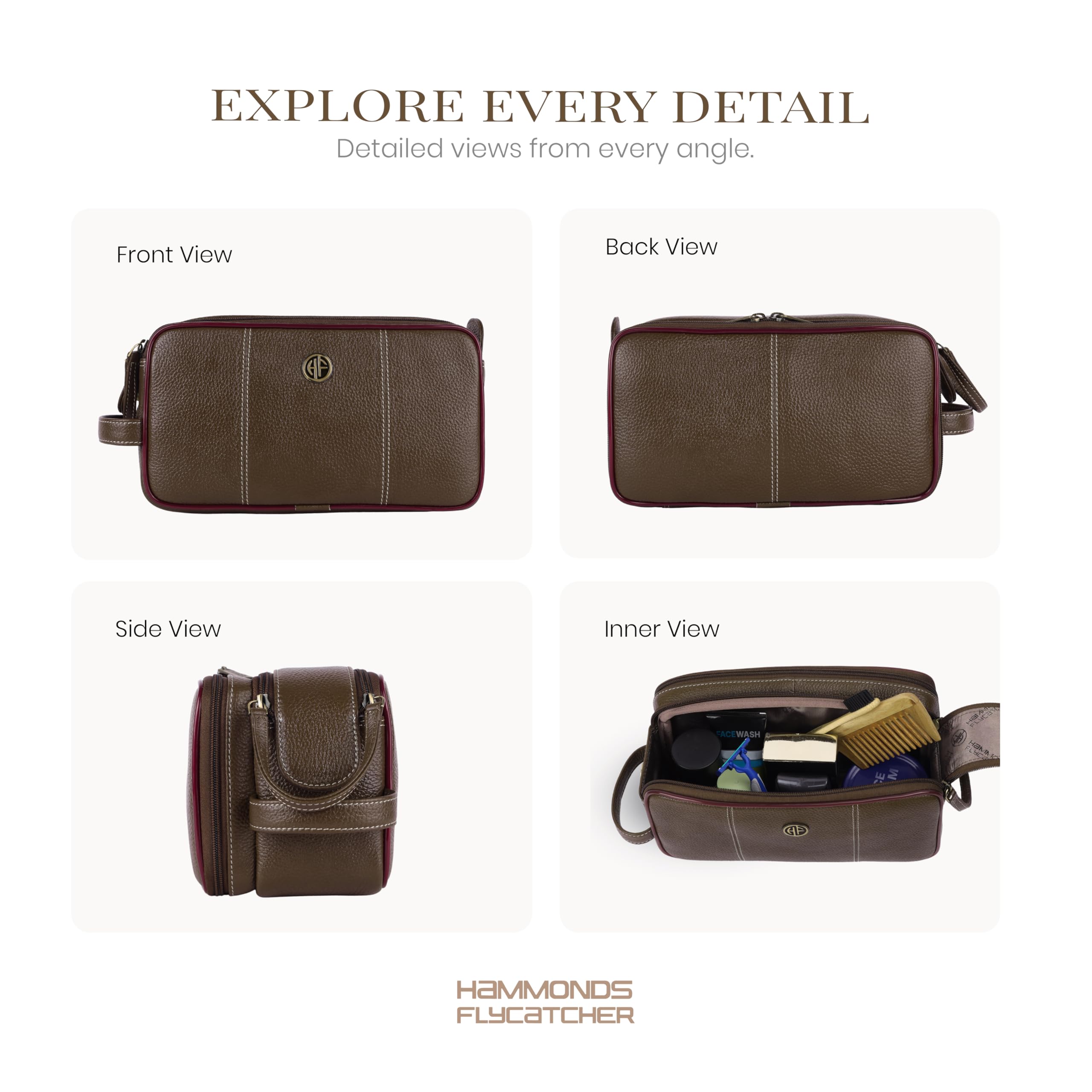 HAMMONDS FLYCATCHER Leatheropp Rasiertasche aus echtem Leder, Reise-Kulturbeutel, Hygiene und Pflege, Kitganizer, tierversuchsfreies Leder und handgenähter Kosmetikkoffer, Reisig, S