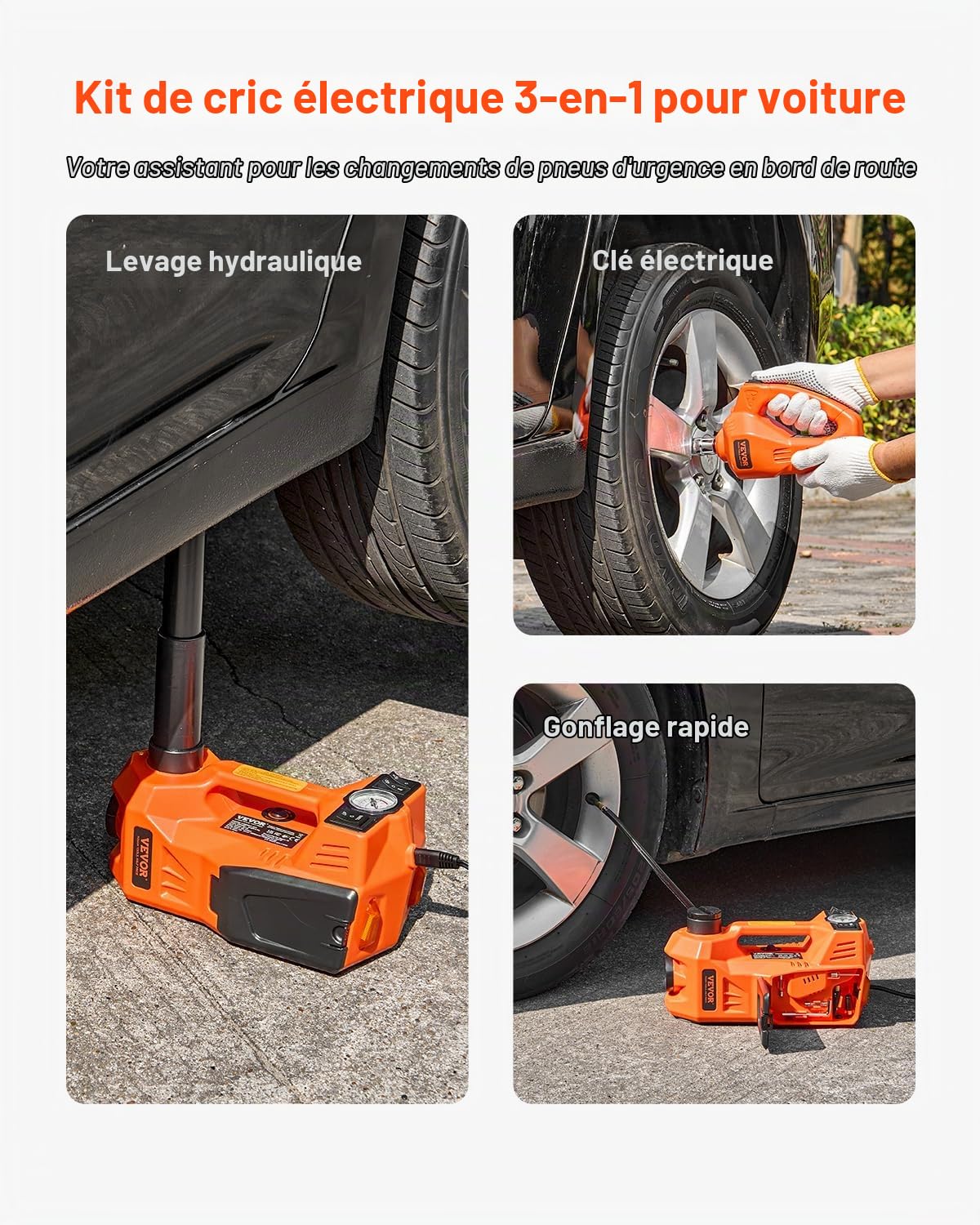 VEVOR Cric Électrique pour Voitures 5 T, Cric de Levage avec Gonfleur Intégré, Outil Démonte-Pneu Portable avec Clé à Chocs Électrique et Lumière LED, pour Urgence Dépannage Routière SUV Berline