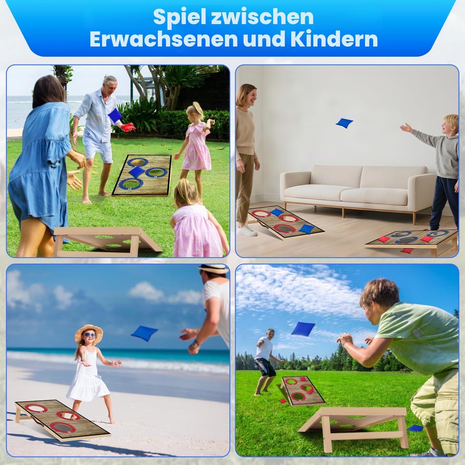 NZQXJXZ Cornhole Spiel Outdoor, 60x35cm Massivholz Premium Corn Hole Boards | mit 6 Cornhole Säckchen und Einer Tragetasche, Tragbar Cornhole Toss Set für Familie und Erwachsene