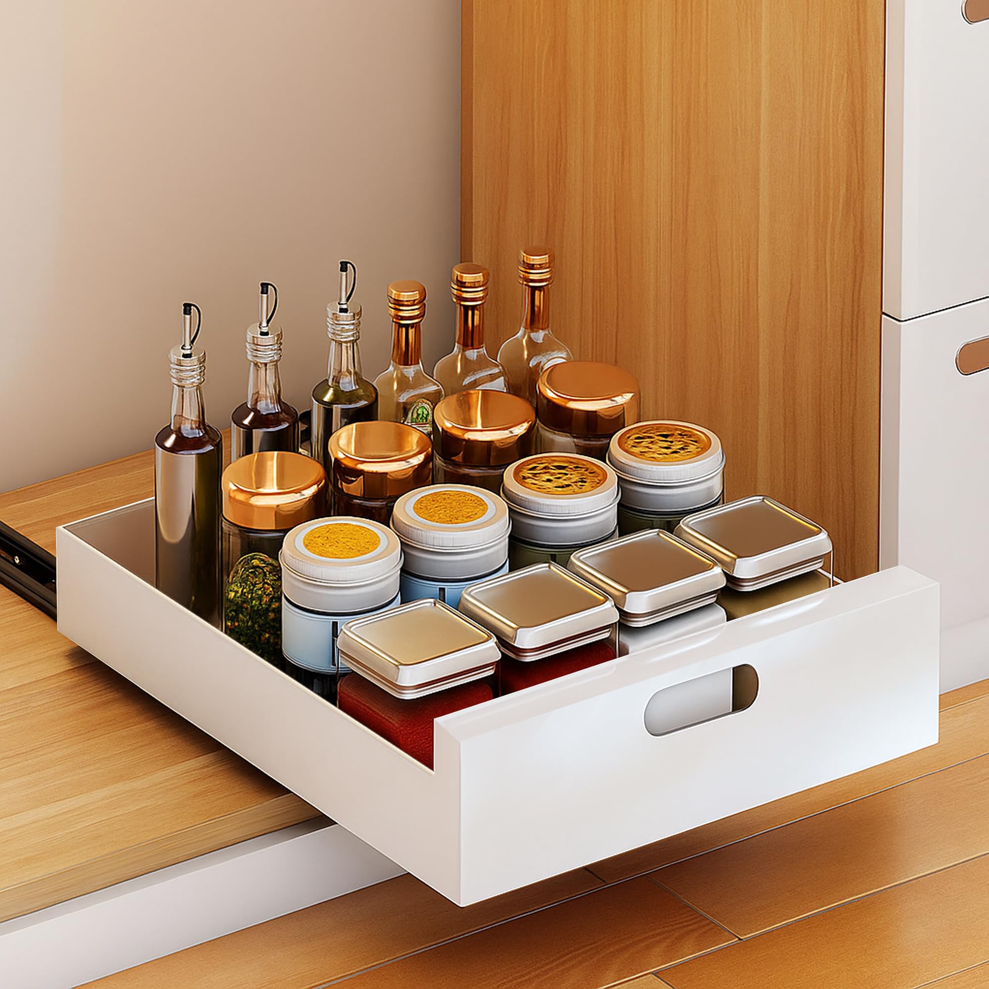bealy 21'' Deep Pull Out Cabinet Organizer Adhesive, 10'' Wide Roll Out Cabinet Drawers for Face Frame or Frameless Cabinets, Sturdy Carbon Steel