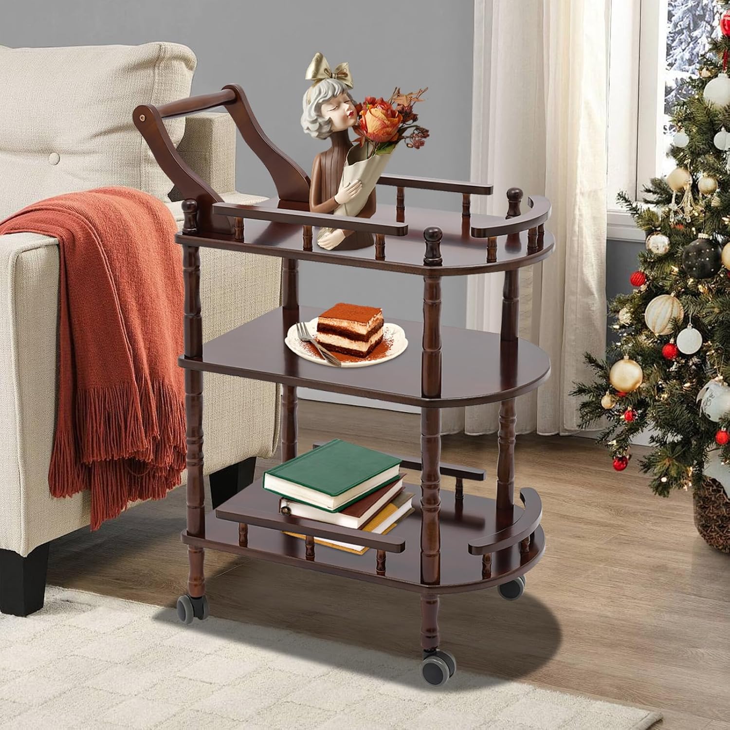 Wood Bar Cart, Modern Storage Rack with Wheels Kitchen Utility Cart 3-Layer Service Cart Mobile Storage Stand Food Cart with Shelves for Home Bar Beauty Shop