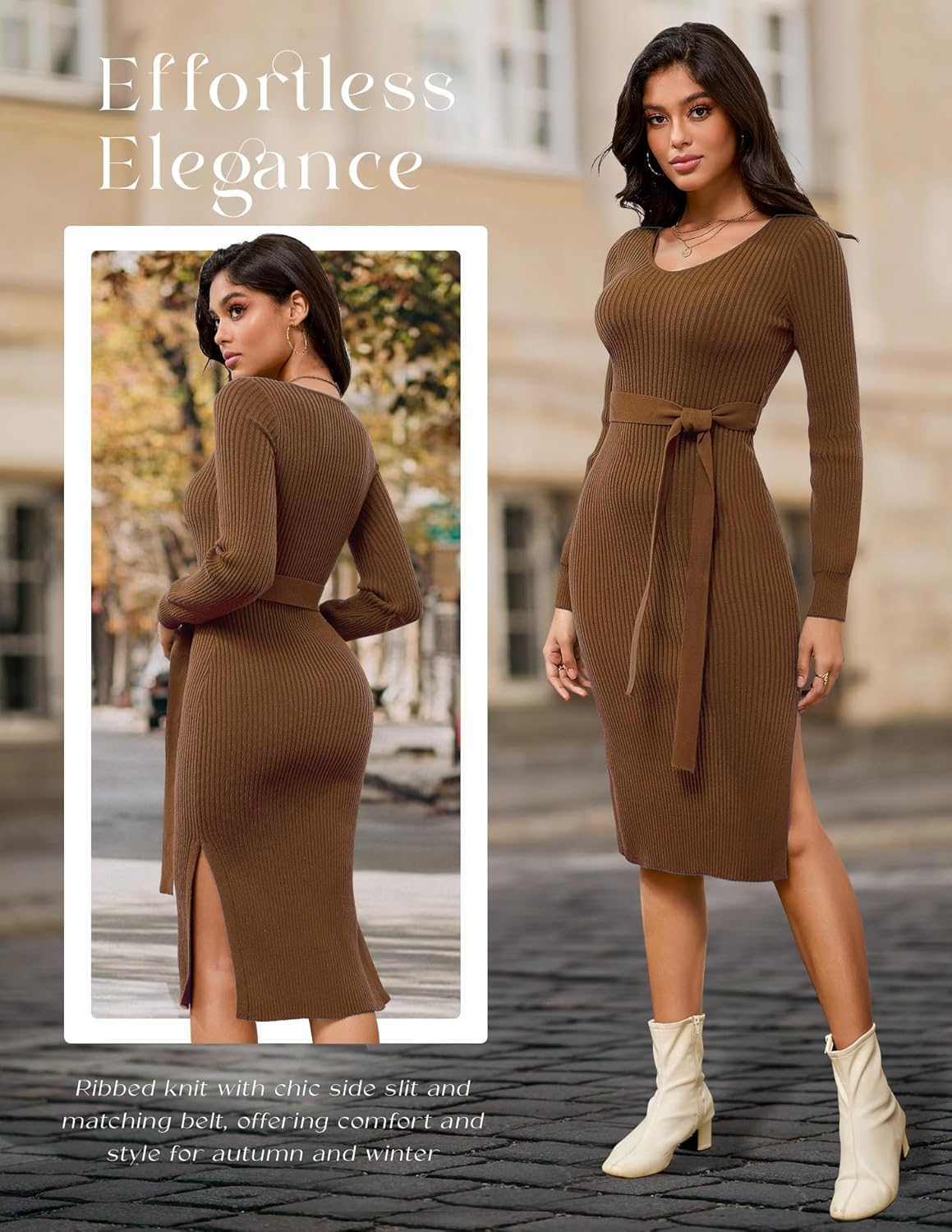 Dressystar Women's Fall Ribbed Knit Sweater Dress CrewNeck Long Sleeve Tie Waist Slim Fit Bodycon Midi Dress - Image 3