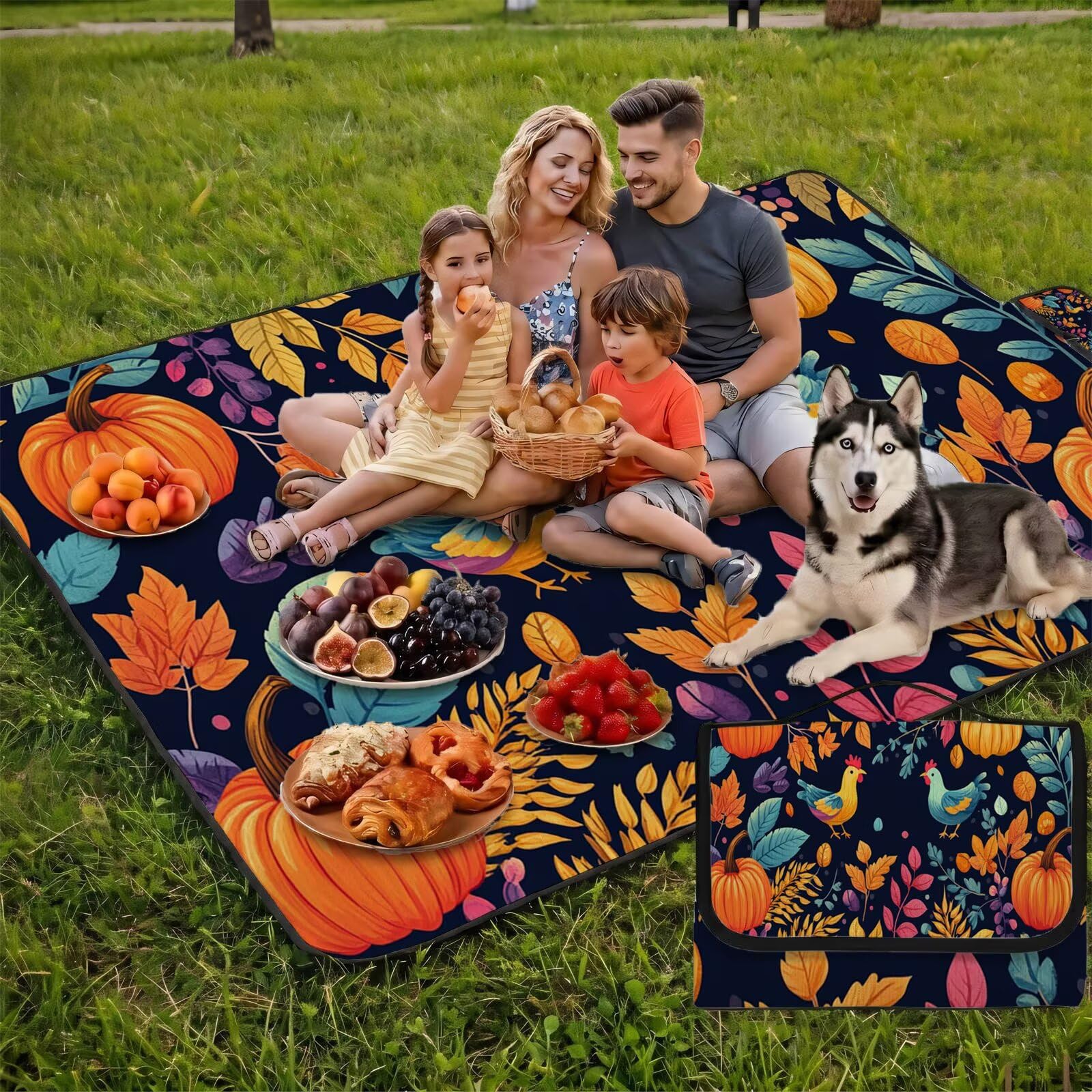 Coperta de Picnic Grande 200x200 cm, Campagna Manta Picnic Impermeable Anti-Sabbia Manta de Playa Pieghevole, Outdoor Picnic Blanket per Spiaggia, Camping, Giardino, Trekking - Zucca (2) FZ-153