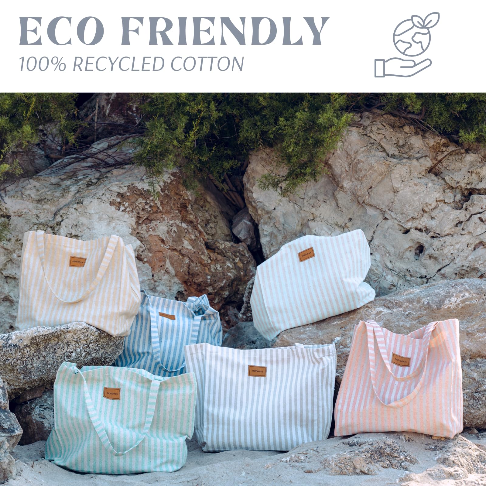 MOMOMUS Bolsa de Playa XXL 100% Algodón Reciclado Plegable para Mujer Grande y Familiar Verano Piscina
