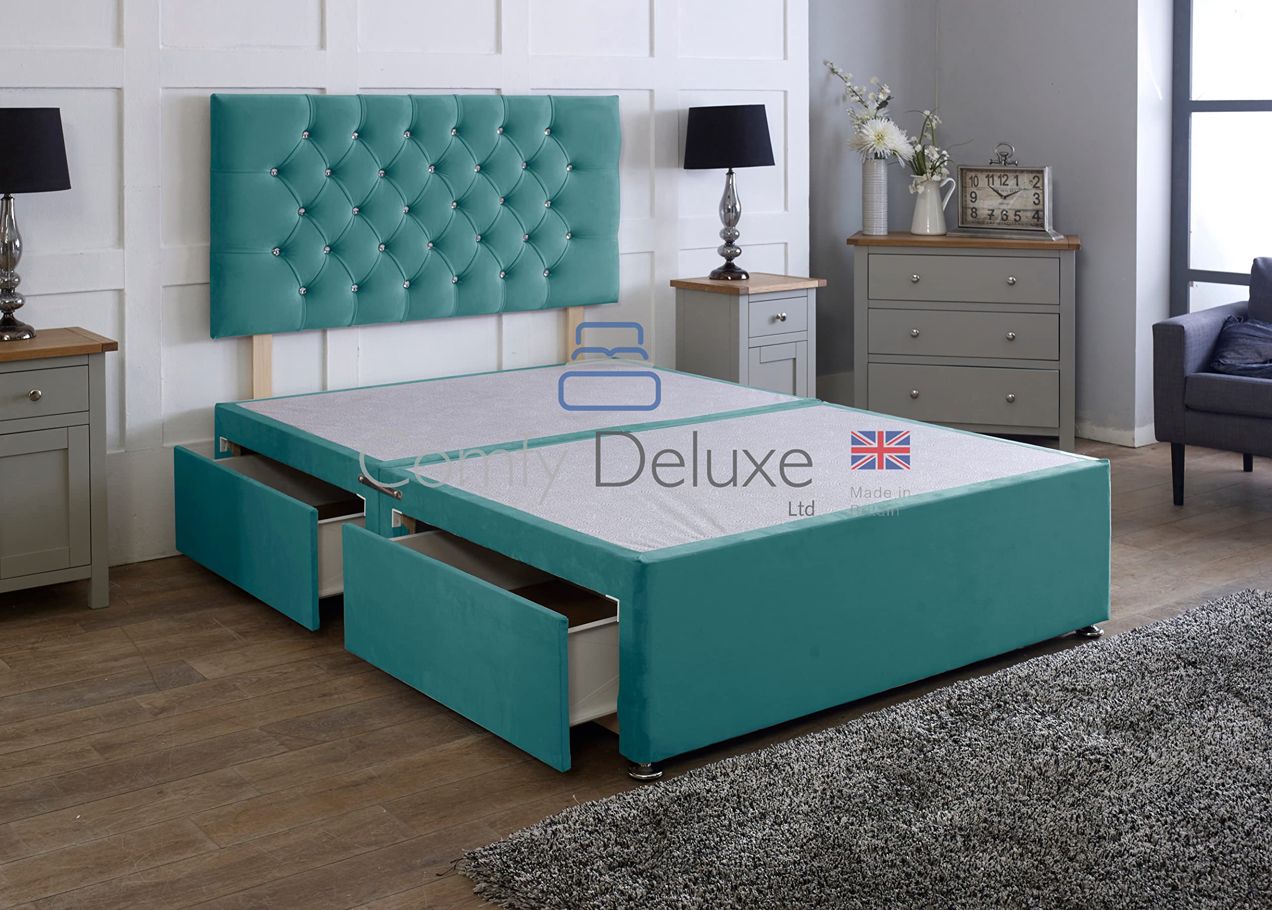 Comfy Deluxe LTD 3FT Single Bed base with 26-Inch Chesterfield Headboard - Mallard Plush Velvet Divan Bed Frame with No Mattress Included, Chrome Glider Feet & 2 Drawers Same Side - UK Made