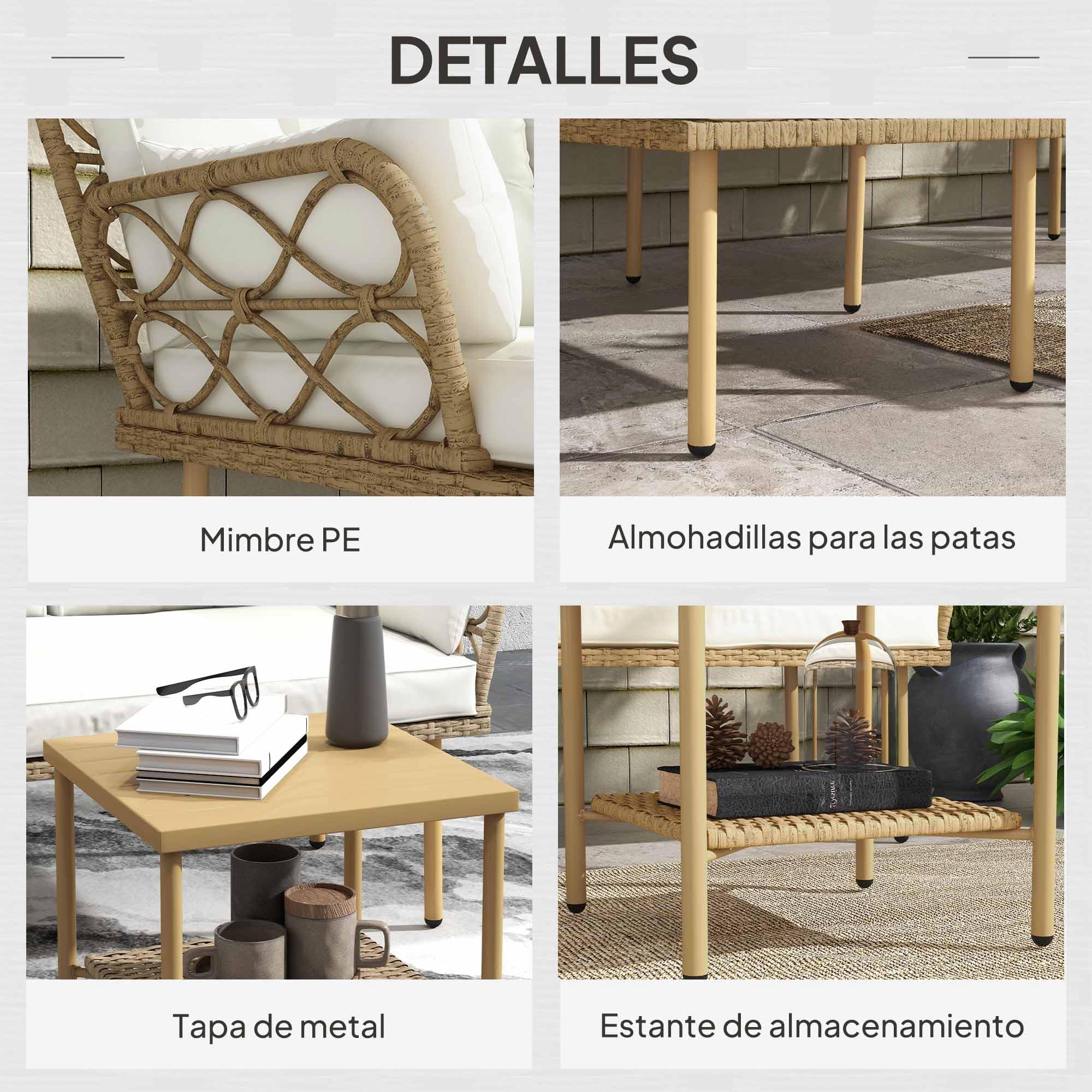 Outsunny Conjunto de Jardín de Ratán, Juego de 3 Piezas Muebles Jardín Exterior con 1 Sofá de 2 Plazas, 1 Sofá Esquinera, 1 Mesa de Centro Metálica de 2 Niveles y Cojines, Anti-UV, para Patio, Crema