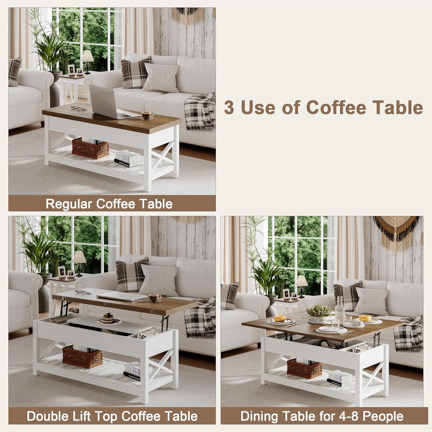 ChooChoo Farmhouse Lift Top Coffee Table, Multi-Function Convertible Coffee Table with Storage and Hidden Compartment, Converts to Dining Table for Living Room, 40 White & Brown