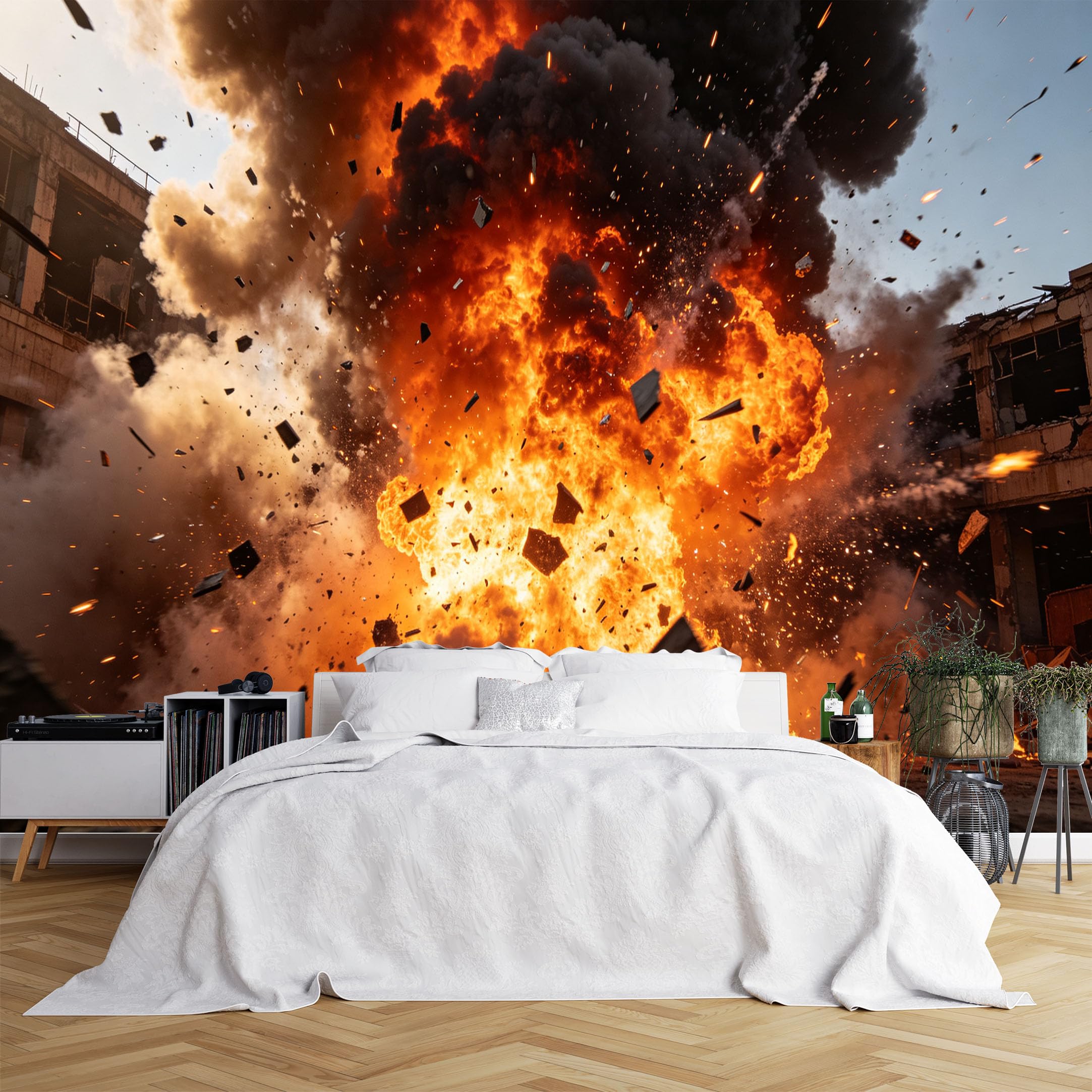 Lcythiazole Ch260615152 Custom Size Wall Murals Fire Explosion Ruins Scene Wall Murals Flame Debris Art Wallpaper Realistic Self-Adhesive Removable Wallpaper For Game Room Studio