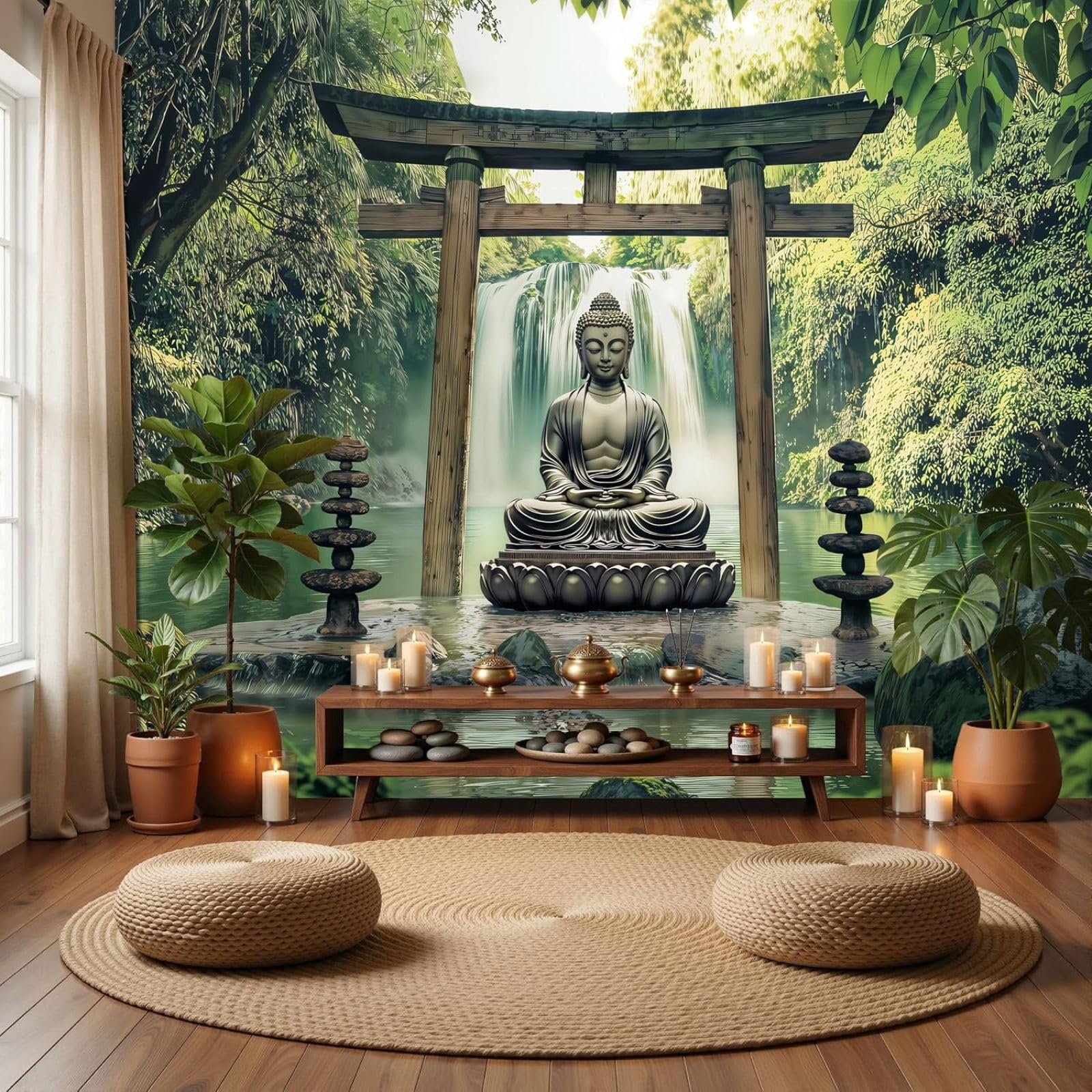 Papier peint Bouddha en soie pour masquer un grand mur blanc