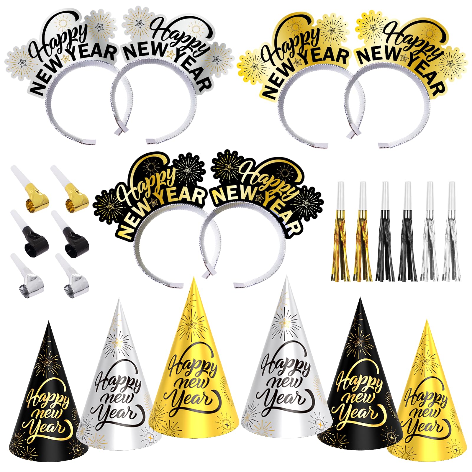 DECORLIFE New Years Eve Party Supplies 2025 Serves 12, 6 Party Hats, 6 Headbands, 12 Noise Makers, NYE Party Favors for Adults, Happy New Year Decorations 2025, Total 24PCS