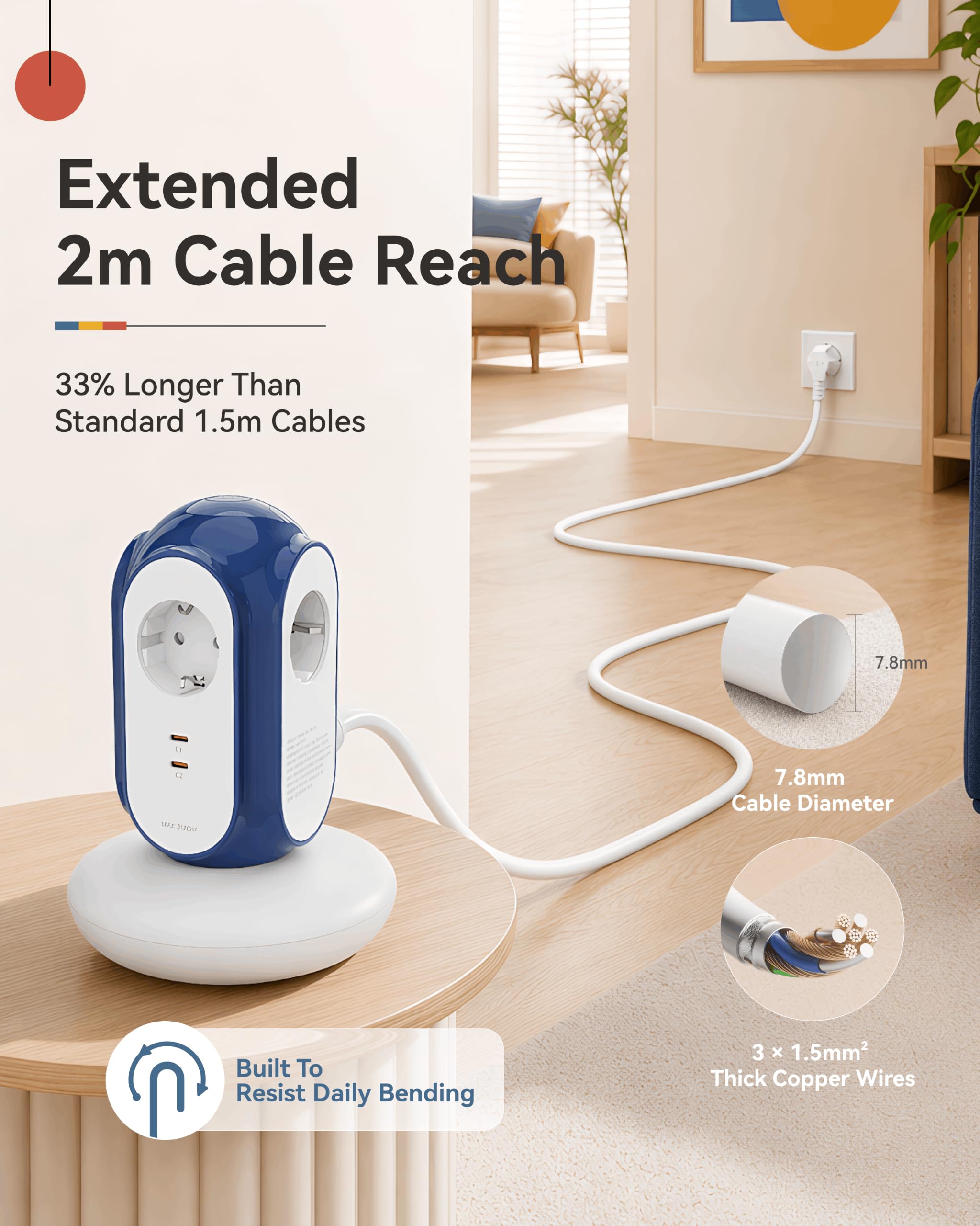 MiaoLab Listwa zasilająca z 3 gniazdami wtykowymi i 2 USB-C (szybkie ładowanie 30 W), 3680 W/16 A, ochrona przed przepięciem 1420J, podstawa 479 g, przedłużacz 2 m, zabezpieczenie przed przeciążeniem