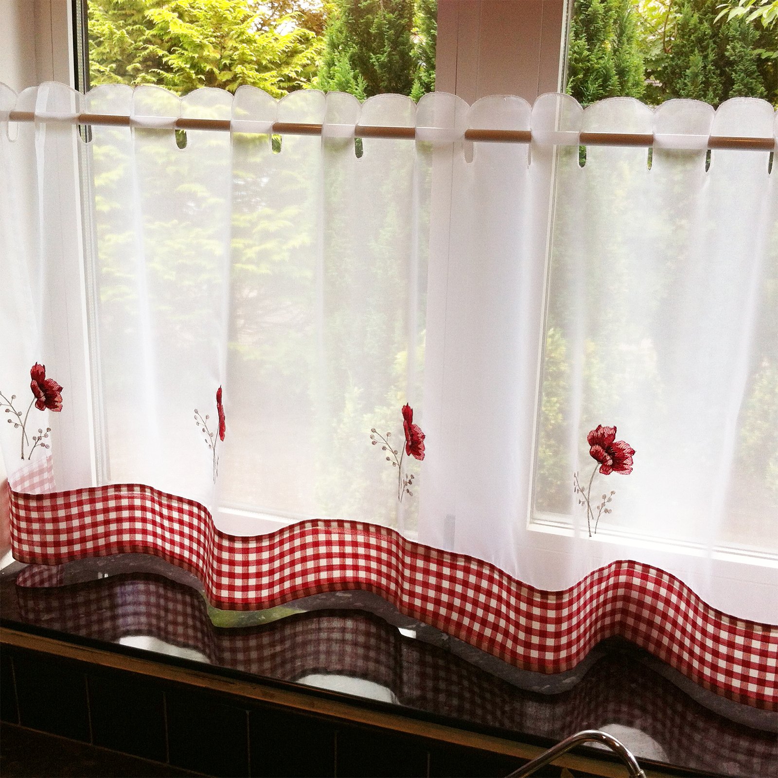 Just Contempo Poppy Floral Cafe Net Voile Panel, Red/White, 59 x 18-Inch
