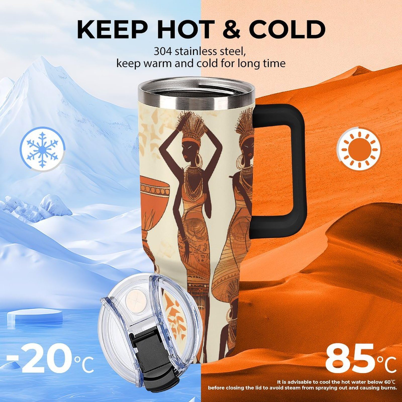 Autobecher aus 304 Edelstahl, 1,2 l, afrikanische Stammesfrau mit Strohhalm und auslaufsicherem Deckel, großes Fassungsvermögen, vakuumisolierter Reisebecher für Auto-Becherhalter