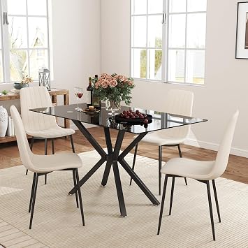 yeag Modern Glass Dining Table Set for 4, 47" Rectangular Tempered Glass Kitchen Table and Chairs Set, Small Dinner Table & 4 Beige Cushion Seat Velvet Dining Chairs for Apartment KitchenBlack