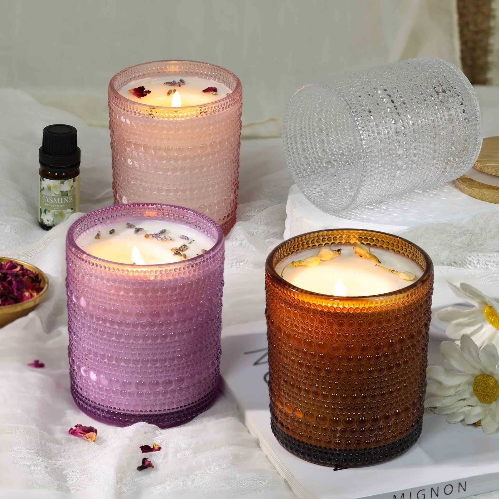 DARJEN Kerzenherstellungs-Sets für Erwachsene - Kerzenherstellungszubehör mit 4 Kerzengläsern (transparent, rosa, lila, bernsteinfarben), Kerzendosen, Sojawachs, Düfte, getrocknete Blumen und mehr