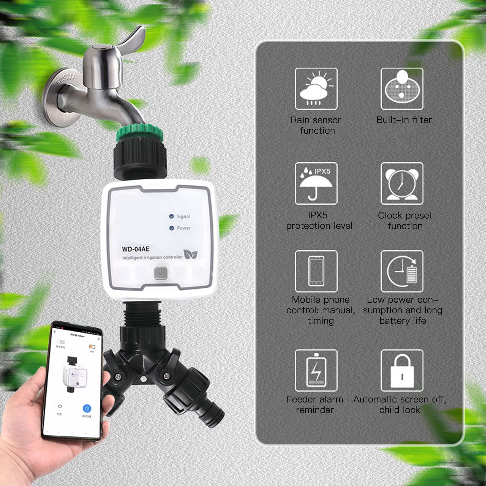 Zegar Zraszacza, Gwint G3/4 Automatyczny Licznik Wody do Węża Ogrodowego, Zewnętrzny Telefon Komórkowy Zdalne Sterowanie Zegarem Węża z Czujnikiem Deszczu, Cyfrowy System(Wtyczka amerykańska)