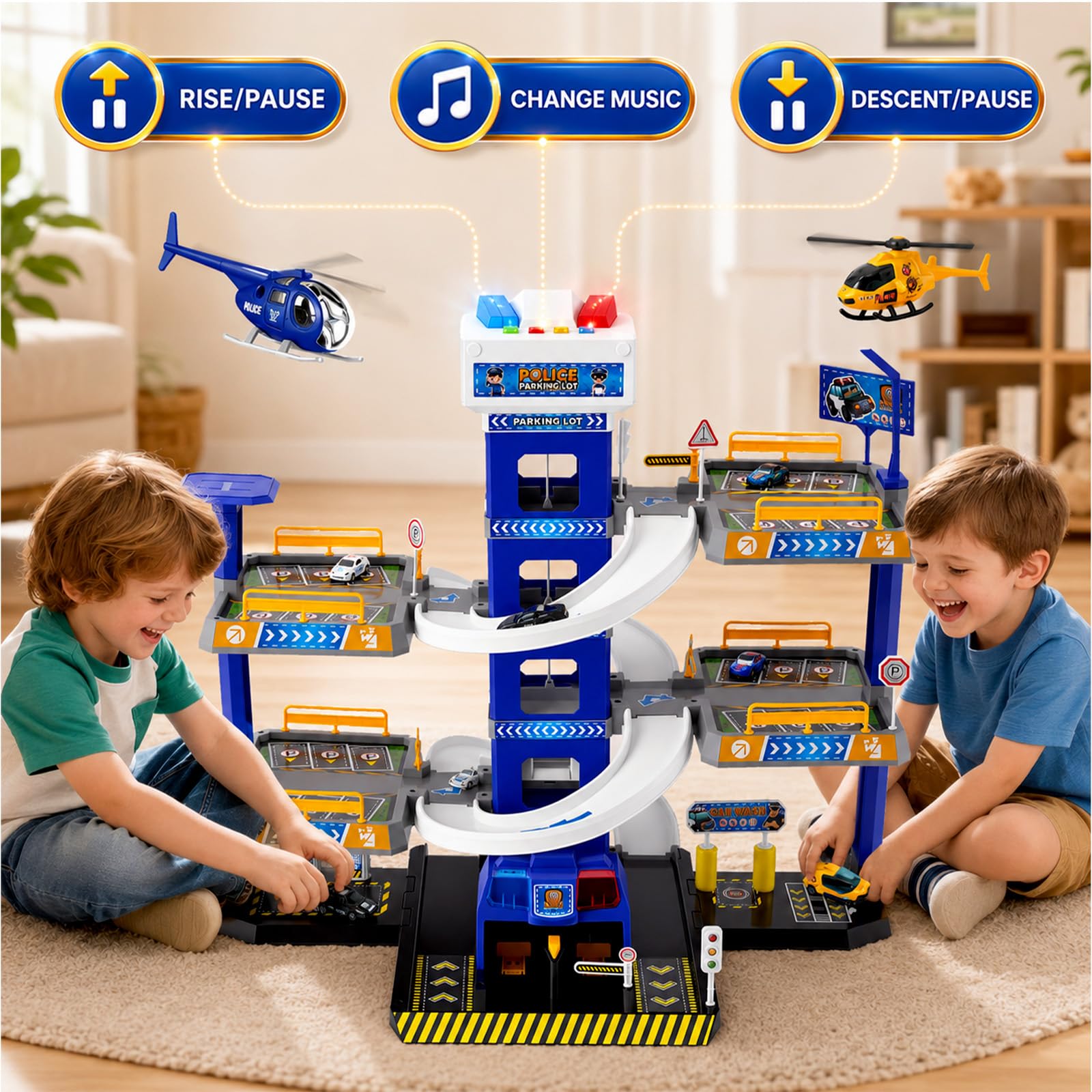 5 piani Garage per Bambini con Luci e Suoni, Parcheggio per Bambini con Ascensore, Giocattolo Garage Auto con Polizia, 14 Auto e 1 Elicotteri, Regali per Bambini 5-9 Anni, Blu