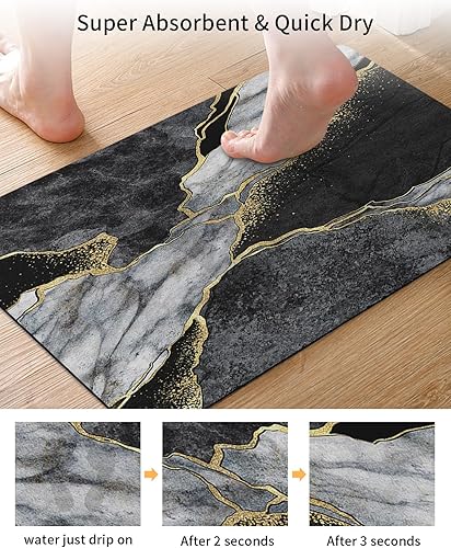Miniatura 3 de Alfombras de baño de mármol negro para baño, antideslizantes, lavables, súper absorbentes, de secado rápido, tapetes de baño de lujo con grietas