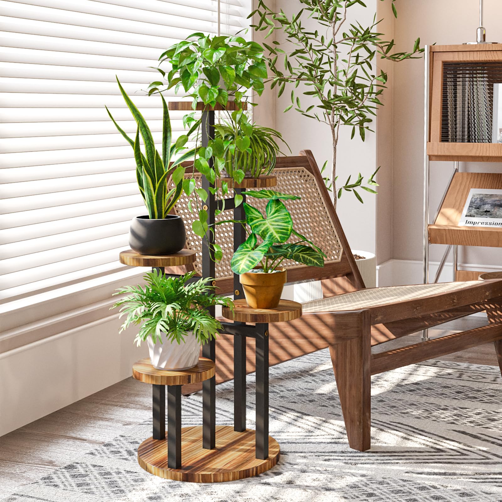 Bamworld 5-poziomowy stojak na rośliny, mały, wielopoziomowy, narożny, metalowy regał na rośliny, na taras, balkon, do ogrodu, salonu, sypialni (okrągły, 5 półek)