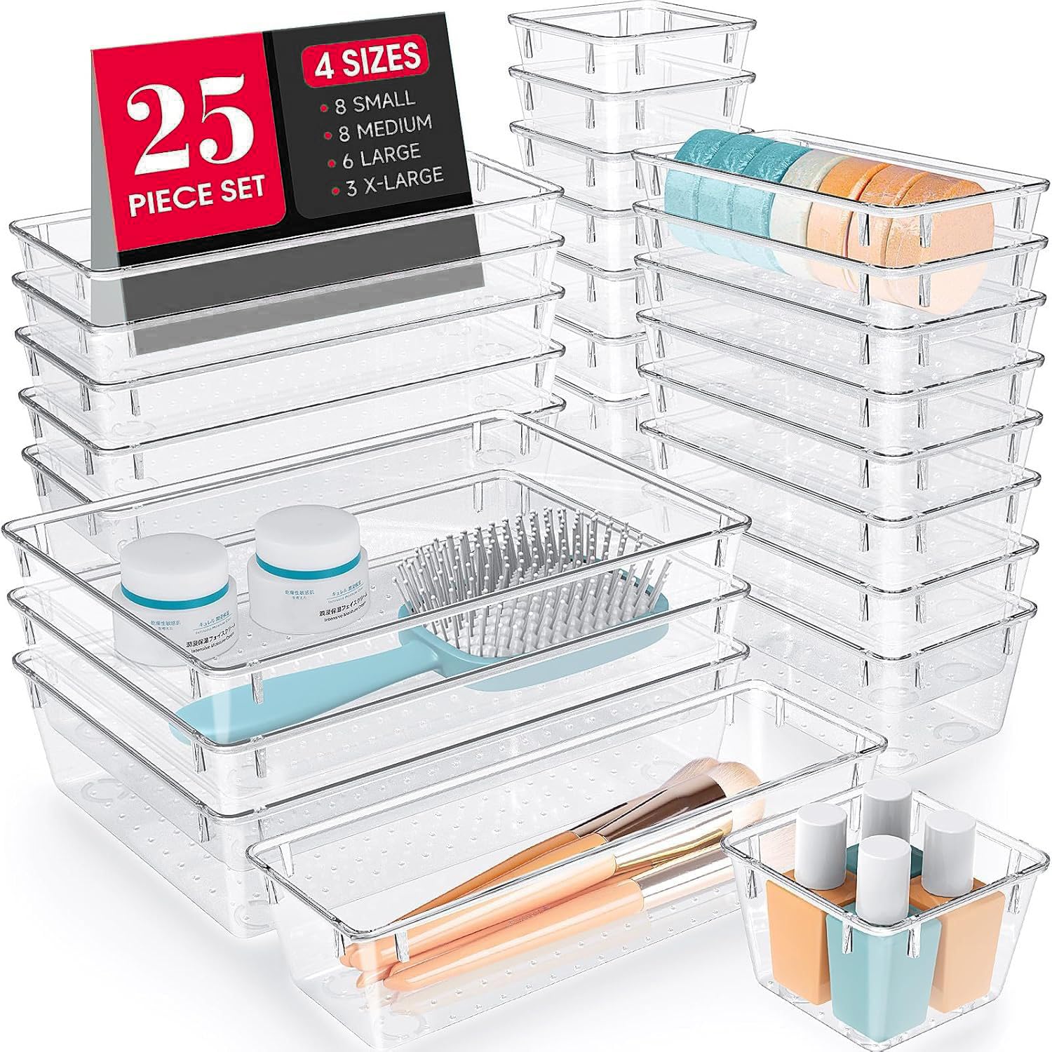 TEX-RO Drawer Organizer Tray/Multi-Purpose Drawers Organisers/Dressing Table Organiser & Make up Organiser/Perfect for Cosmetics, Jewelry, Kitchen and Bathroom (25 pcs, Transparent)