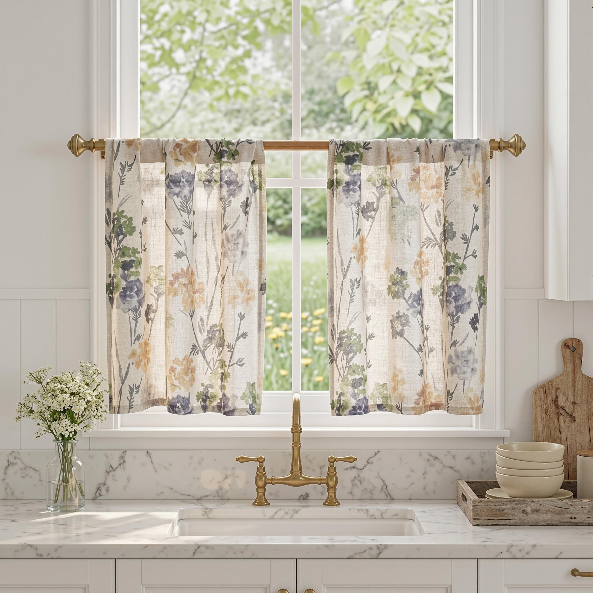 MYSKY HOME Floral Linen Kitchen Tier Cafe Curtains 24 Inch Length 2 Panels Farmhouse Semi Sheer Privacy Small Window Treatments Rod Pocket for Bathroom Basement, Sage Green, 30 inch Wide