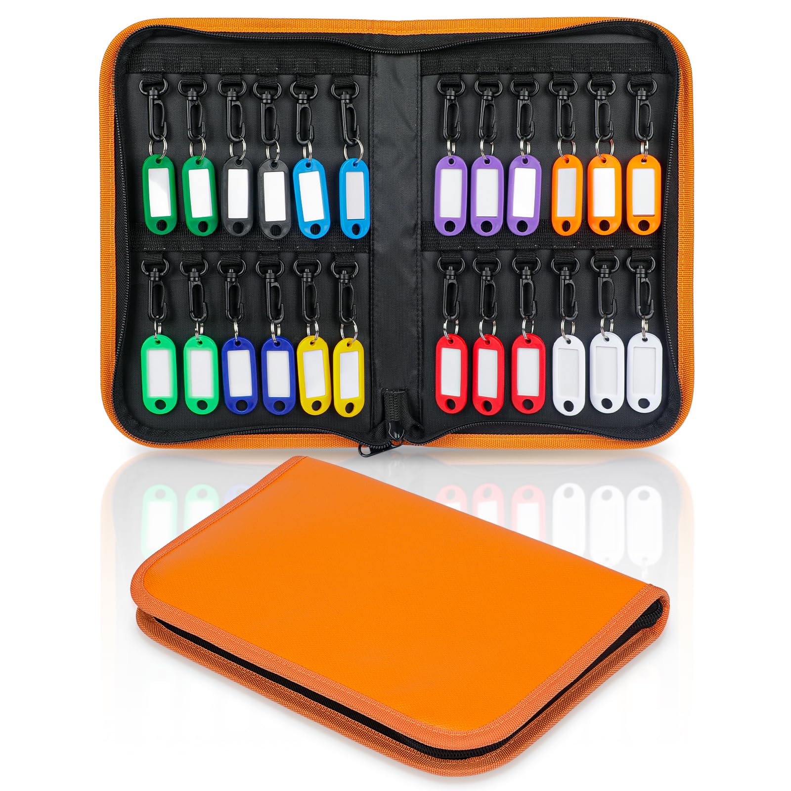Uniclife Zippered Key Case Organizer Waterproof and Fireproof Orange Key Binder with 24 Hooks and Tags Portable Key Storage Book for Offices Real