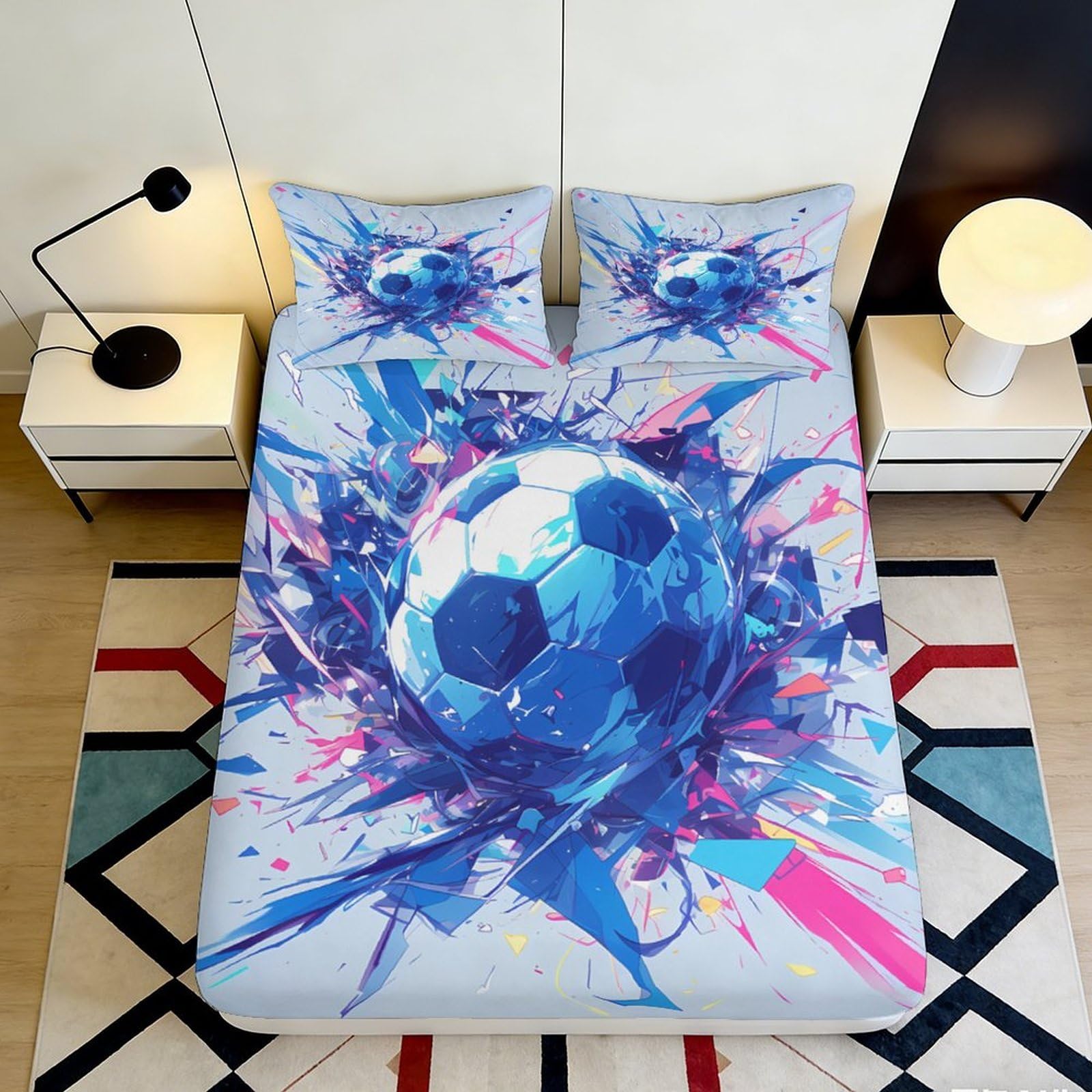 Pnayamiorkfel Style-6 3D Printed Blue Soccer Explosion Fitted Sheet Microfiber Soft Breathable Bed Sheet For Bedroom Guest Room Decor 90X200x25cm