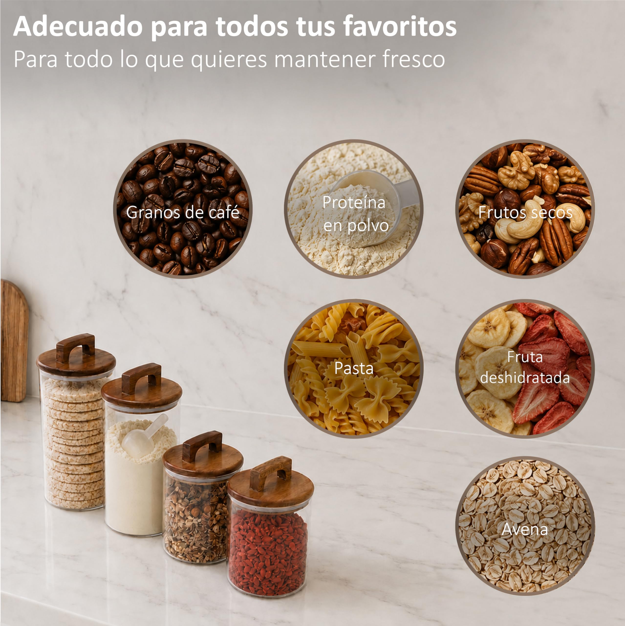 Botes cristal con tapa hermética de acacia – Juego de 4 recipientes de cristal para alimentos 1000 ml & 1600 ml – Tarros de cristal con tapa - Botes cocina almacenaje