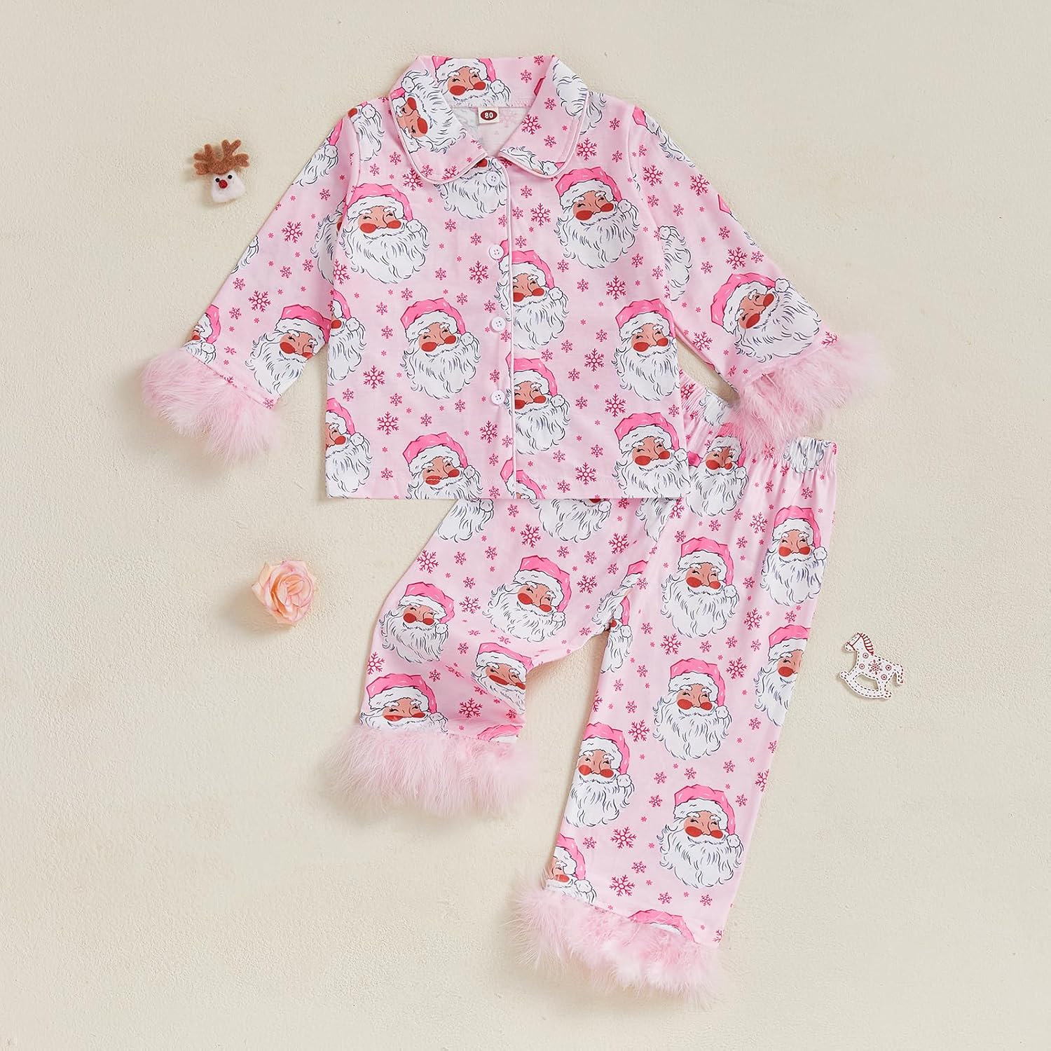 Kuriozud Toddler Kids Little Girls Christmas Satin Pajamas Green Feather Trim Sleeve Button Down Sleepwear Xmas Matching Pjs - Image 3