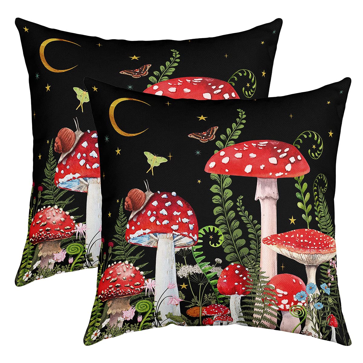 Richhome Multi 25 Red Mushroom Tropical Leaves Throw Pillow Cover Farmhouse Style Decorative Pillow Cover For Kids Adults Starry Sky Moon Butterfly Flower Pillowcase For Living Room Couch,Pack Of 2,Black,18"X18"