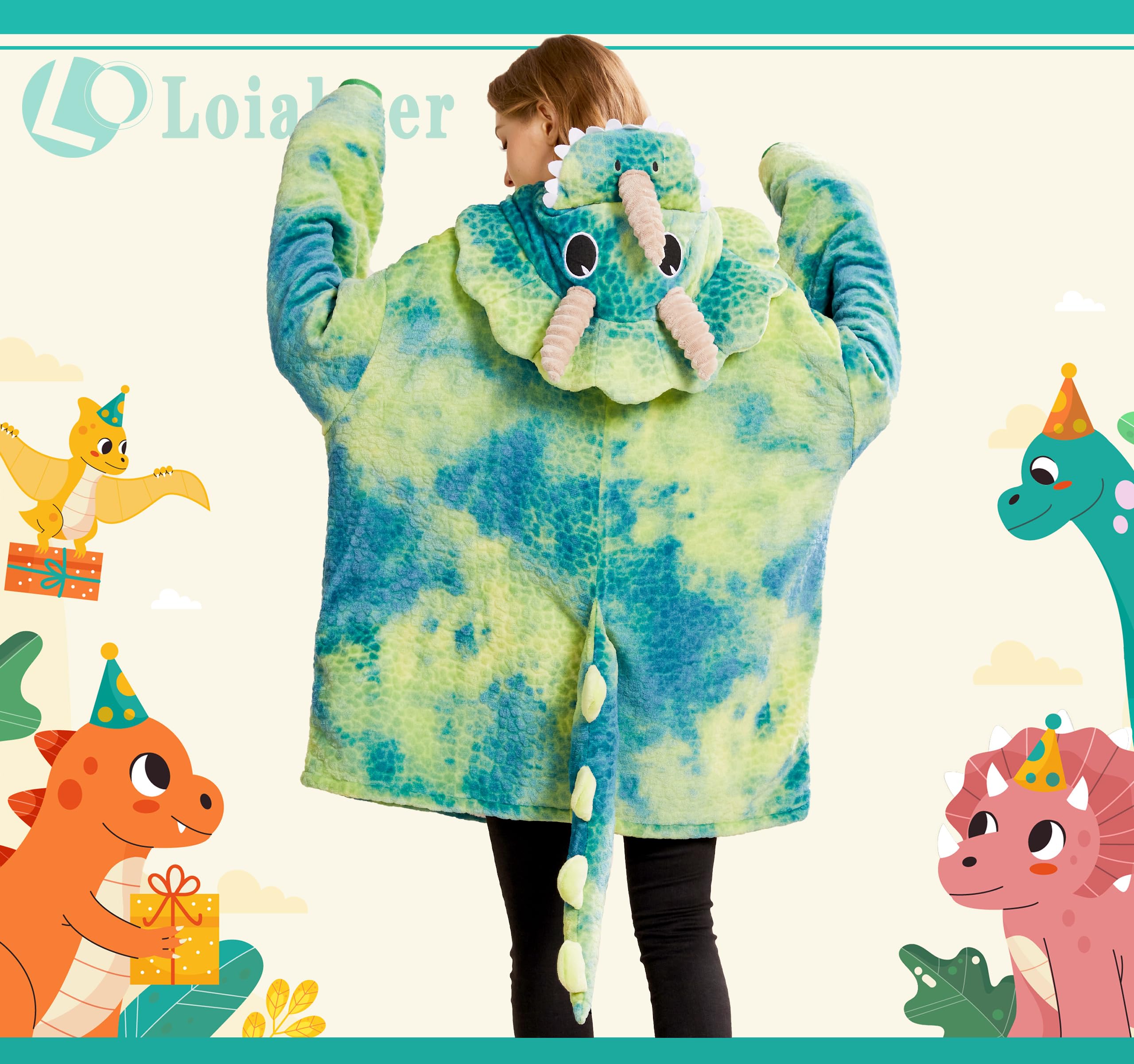 Loiahoer Unisex Triceratops Kostüm Hoodie,Mikrofaser & Sherpa Tie-dye Dino Tragbare Decke Karneval Halloween Kostüm, Einheitsgröße für Alle
