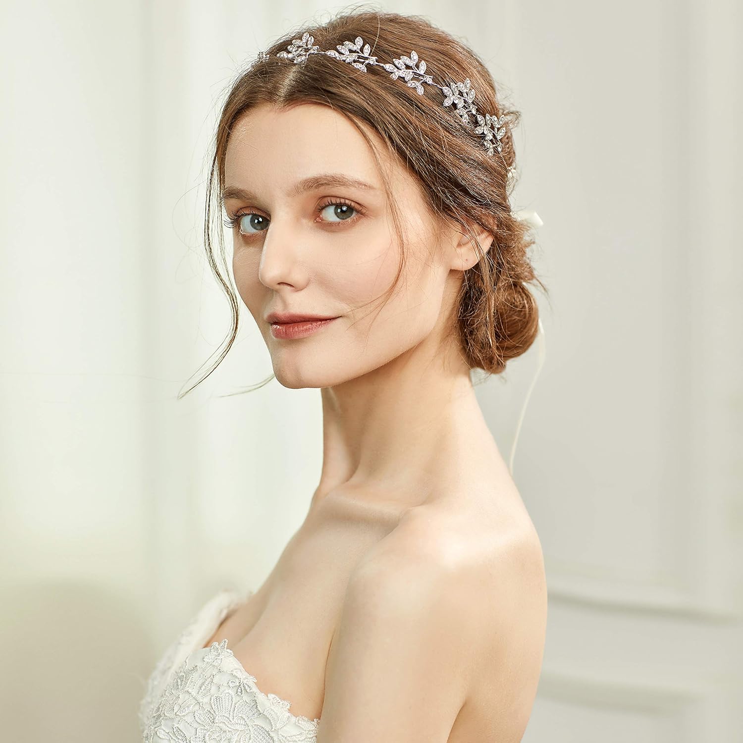BABEYOND Bridal Headpiece Handmade Wedding Hair Vine Crystal Floral Leaf Headband with Lace Ribbon - Image 2