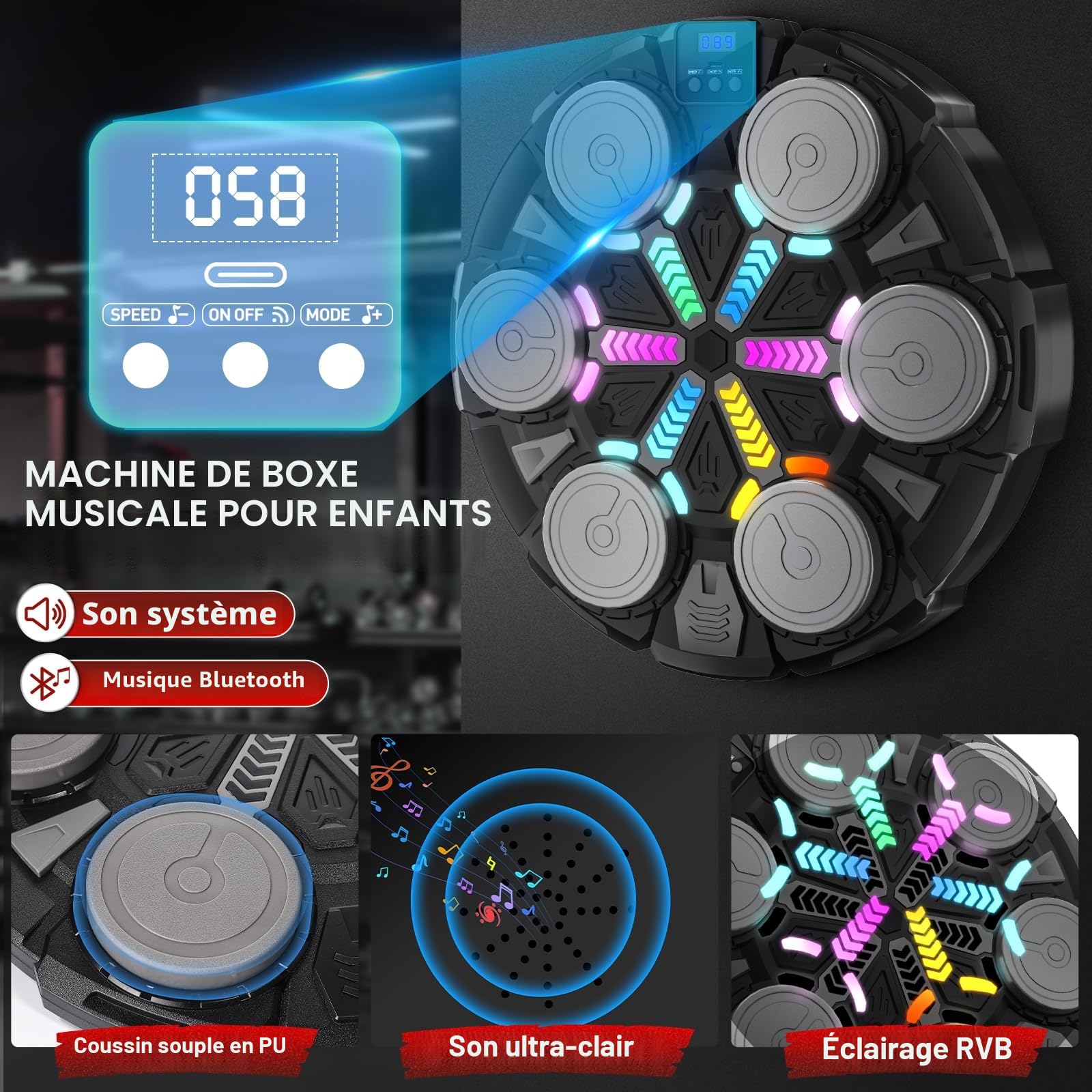 Machine de Boxe Musicale avec Bluetooth, Cible Murale Interactive pour Enfants et Adultes, Équipement d’Entraînement de Boxe Intelligente, Jeu de Boxe Ludique pour la Maison en Famille (Noir)