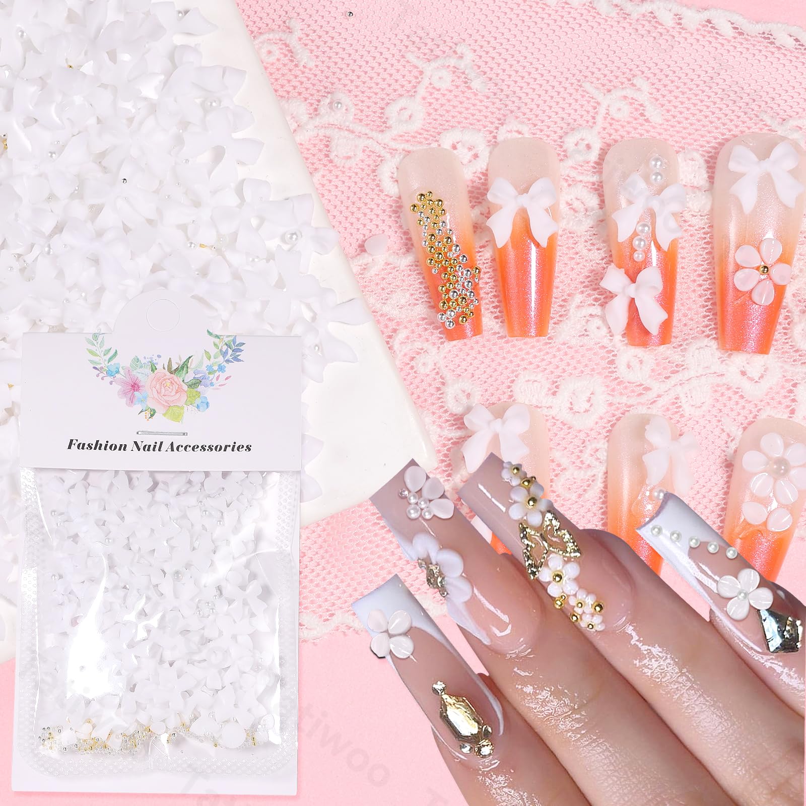 300 Pcs 3D Bows for Nails, White Flowers for Nails Bows Bowknots Nail Charm and Gems, Petal Flower Bow Tie Charms for Acrylic Nails Art DIY Designs