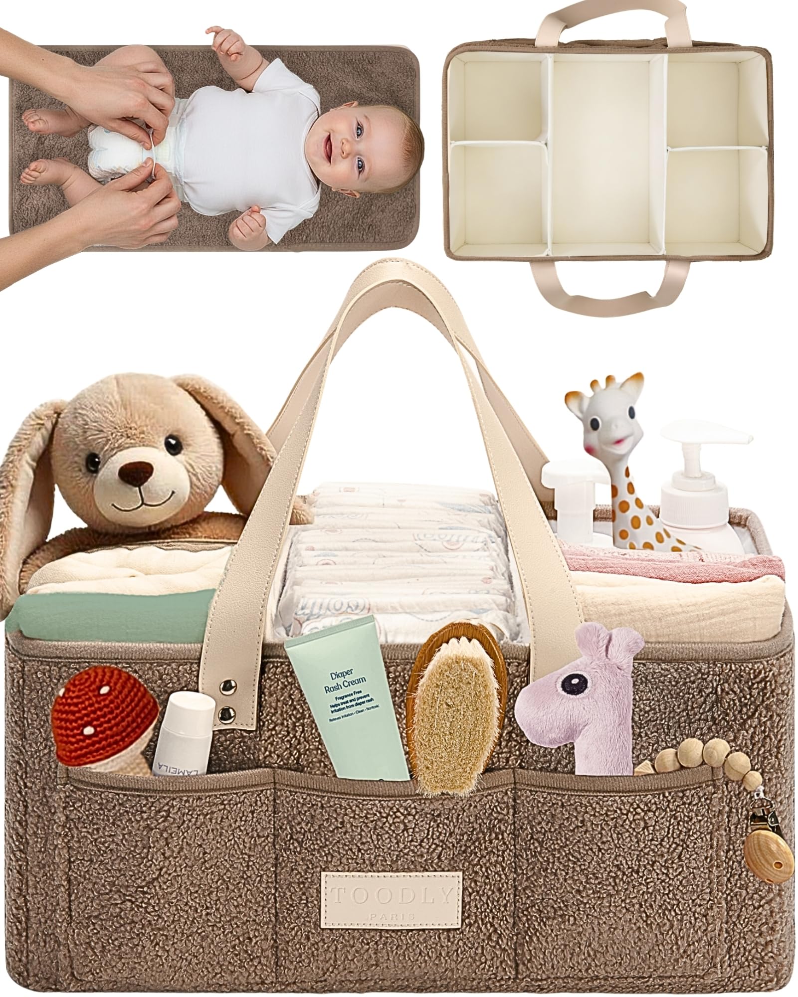 Toodly Baby Diaper Caddy Organizer with Portable Changing Mat - Teddy Fleece Diaper Organizer for Changing Table - Basket for Changing Essentials -