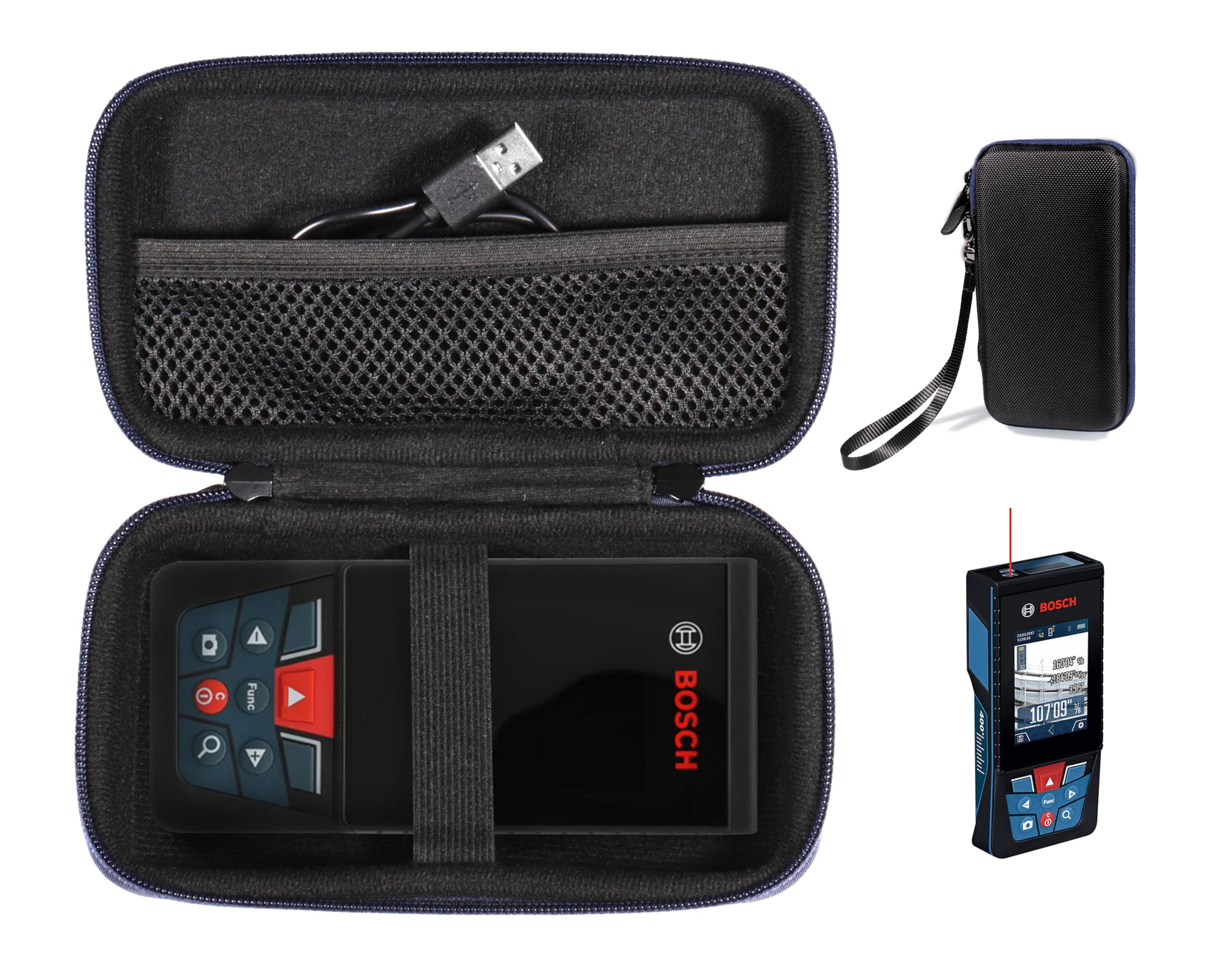 Case for Bosch GLM400CL Blaze Outdoor 400ft Bluetooth Connected Laser Measure (Black with Blue Zip)