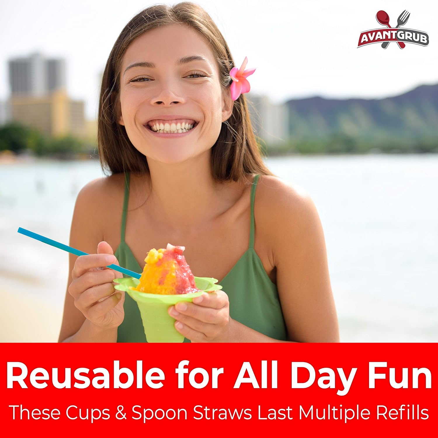 Avant Grub Reusable Plastic Flower Drinking Cup With Straw 10 pk Colorful, Leak Proof Snow Cone for Kids Birthday Party or Summer Cookout. Easy Grip Bowl For Shaved Ice, Snacks, Ice Cream, 4 Oz