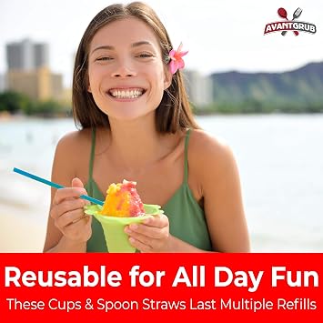 Leak Proof & Drip Catching, Super Cute Reusable 4oz Flower Snow Cone Cups with Straws 10 Pk, Colorful Easy Grip Bowls Perfect for Birthday Parties, Summer Cookout, Shaved Ice, Snack, Ice Cream