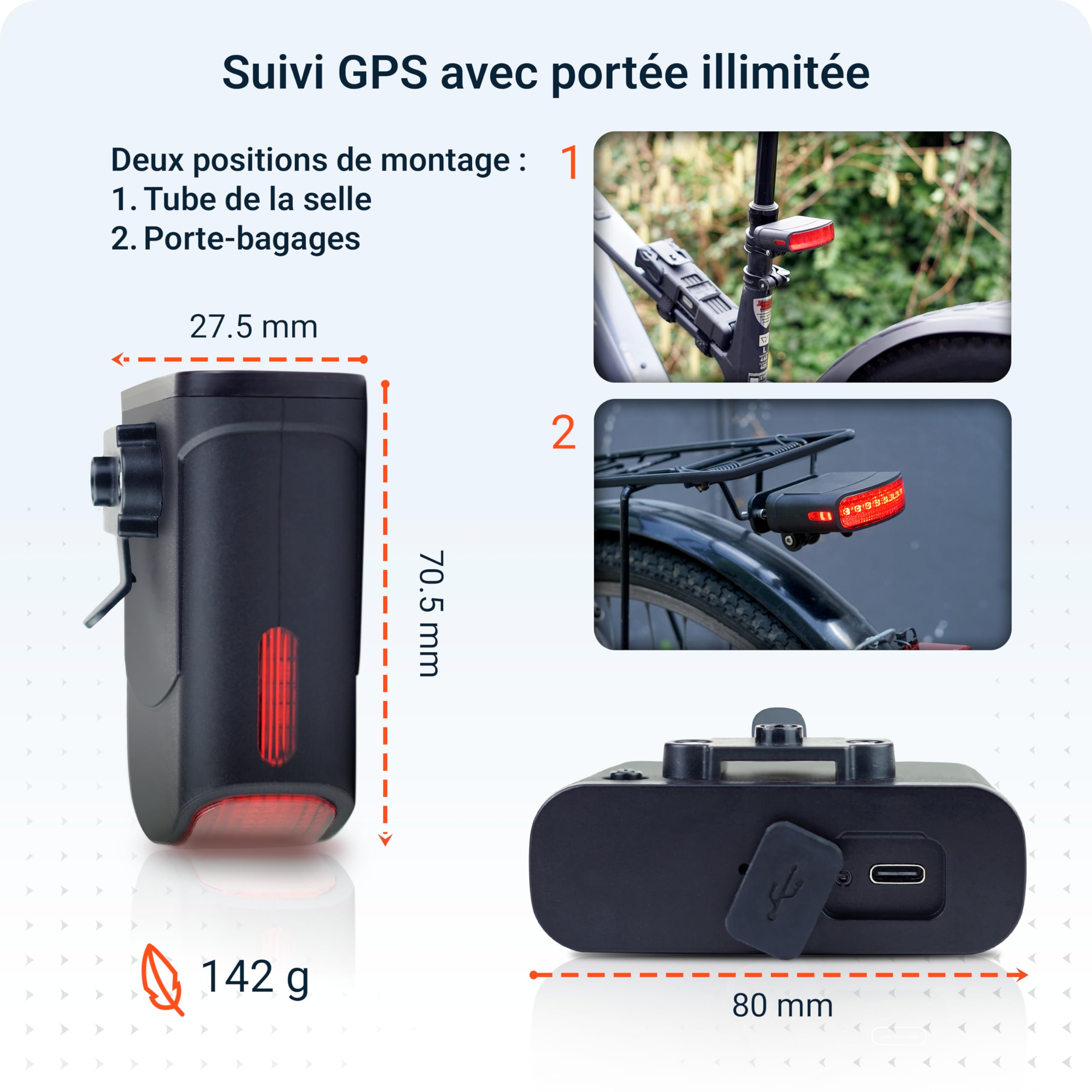 Tracker GPS PAJ Feu arrière vélo - Localisation 4G Temps réel Alerte Chute, Alarme vélo GPS étanche 20 Jours Autonomie