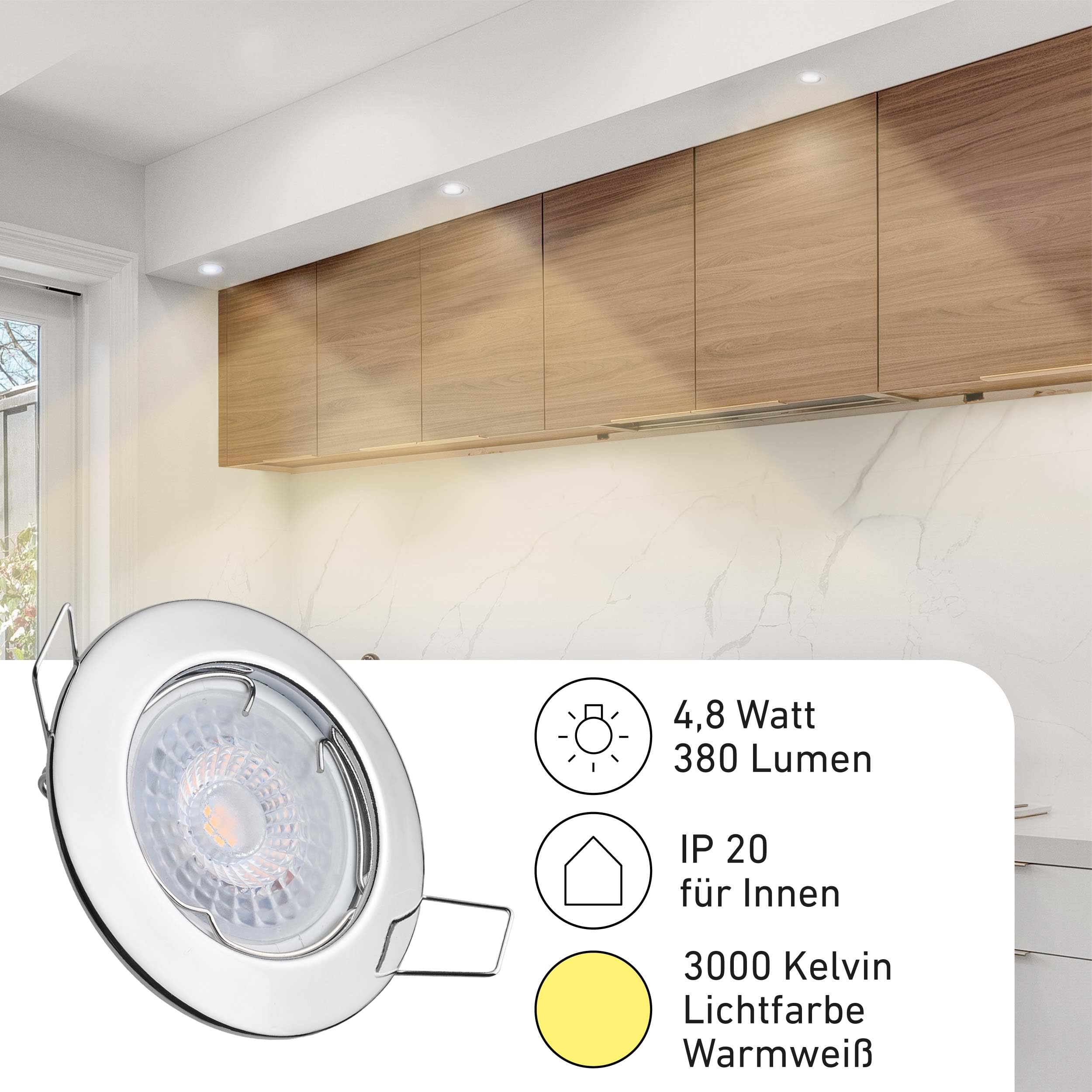 Oktaplex 9er Set Sedan LED Einbauspots 230V 3 Stufen dimmbar 3000K Warmweiß | 22mm Einbautiefe, Lochmaß 60mm, 4,8W, 380lm, 110° Einbauleuchte Sedan, Chrom flach
