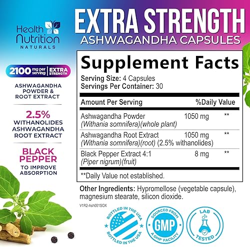 Miniatura 2 de Suplemento Ashwagandha de 2100 mg - Extracto de raíz de hierbas extra fuerte, los mejores suplementos de Ashwagandha para hombres y mujeres,