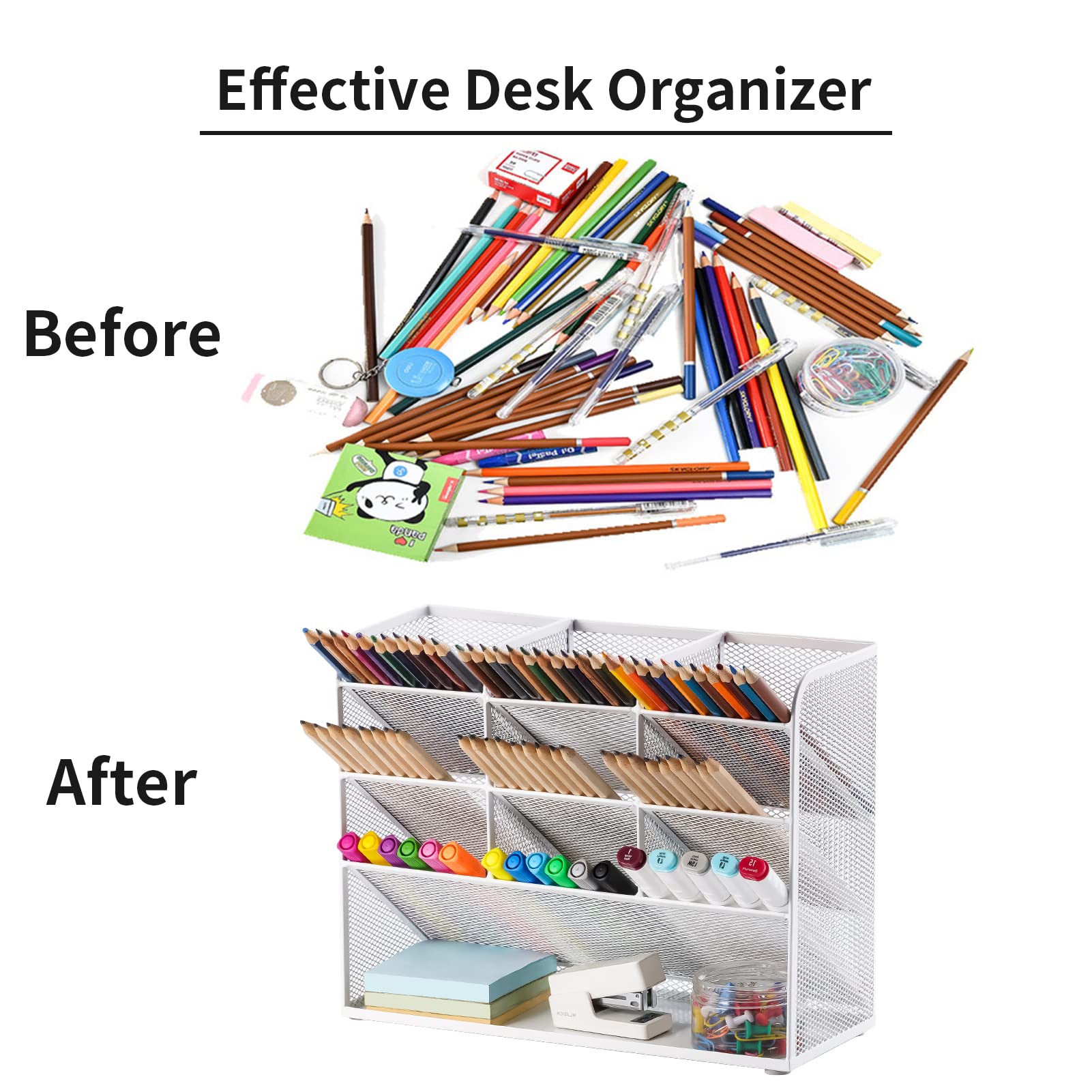 Marbrasse Mesh Desk Organiser,Multi-Functional Pen Holder,Pen Organiser for Desk,Desktop Stationary Storage Rack for School Home Office Art Supplies(White) - Image 4