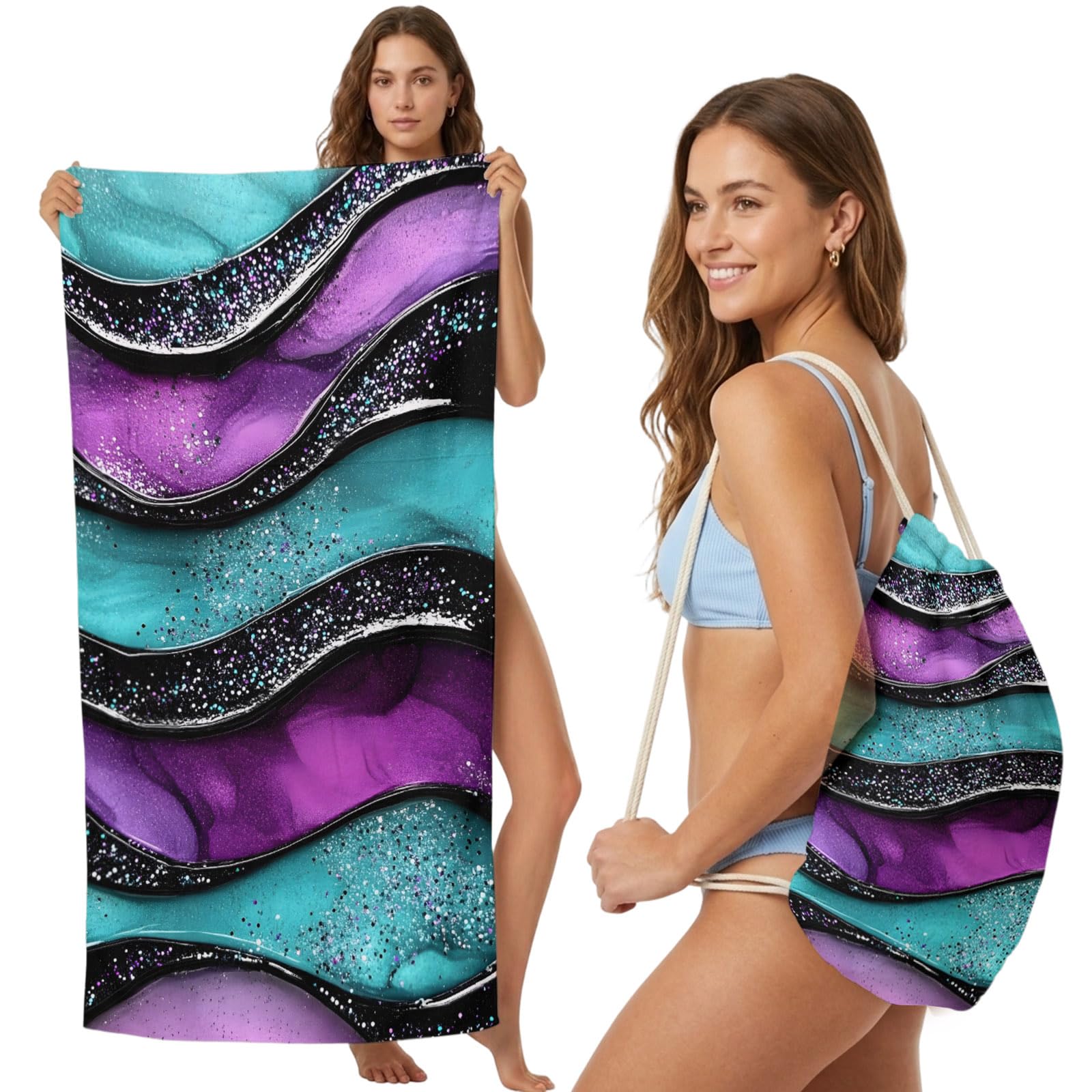 FWJZDSP Beach Towel Backpack Convertible Abstract Purple Teal Wave Sand Free Quick Dry Towel Bag Black Stripes Beach Towel with Adjustable Straps for Travel Swimming Pool Beach Accessories 31.5x63in
