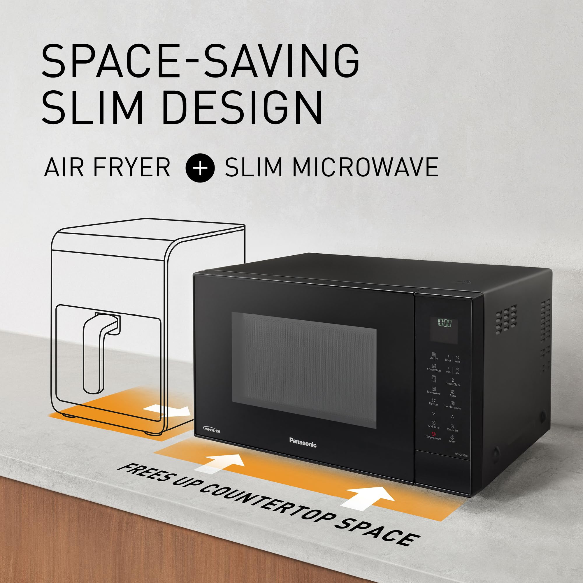 Panasonic NN-CT56RBEPG 27 l kuchenka mikrofalowa kombi 4 w 1 z Airfryer, inwerter 1000 W, 19 automatycznych programów, grill konwekcyjny, oszczędność miejsca, smukła konstrukcja, czarna