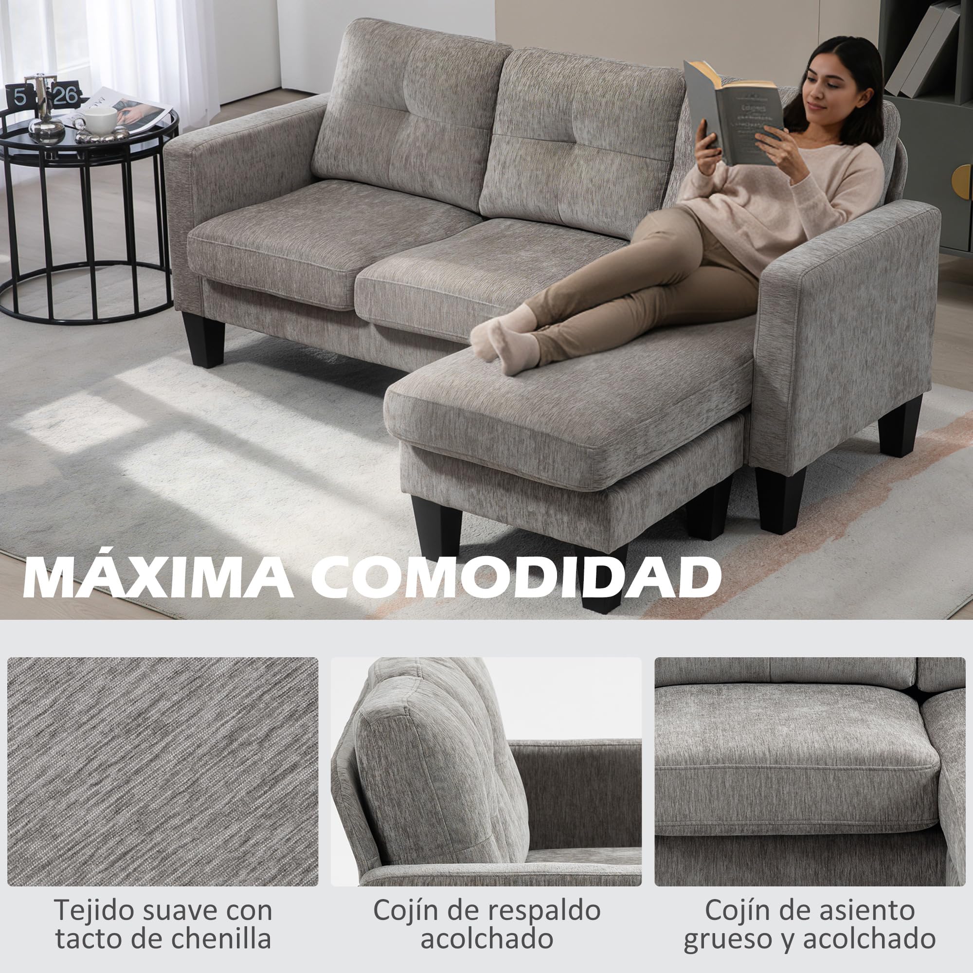 HOMCOM Sofá Chaise Longue Reversible, Sofá de 3 Plazas en Forma de L, Tapizado en Chenilla, Asiento y Respaldo Acolchados, Estructura de Acero, 186x130x84 cm, Marrón Topo