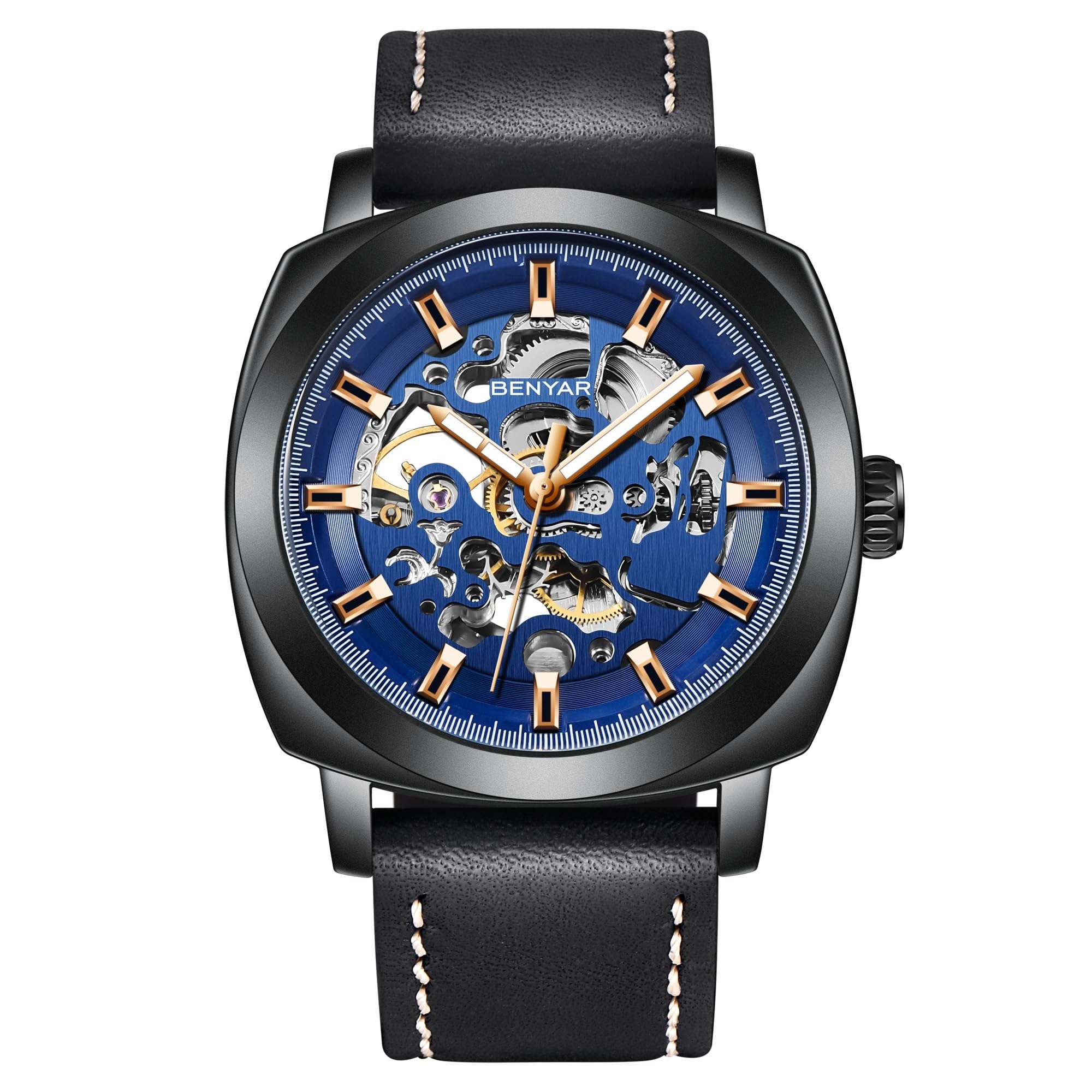 BENYAR Automatic Mechanical Skeleton Leather Strap Mens Analogue Watch (Black-Black-Blue) Dial Color-Blue, Band Color-Black (B0D73TCH9W) Amazon Price History, Amazon Price Tracker