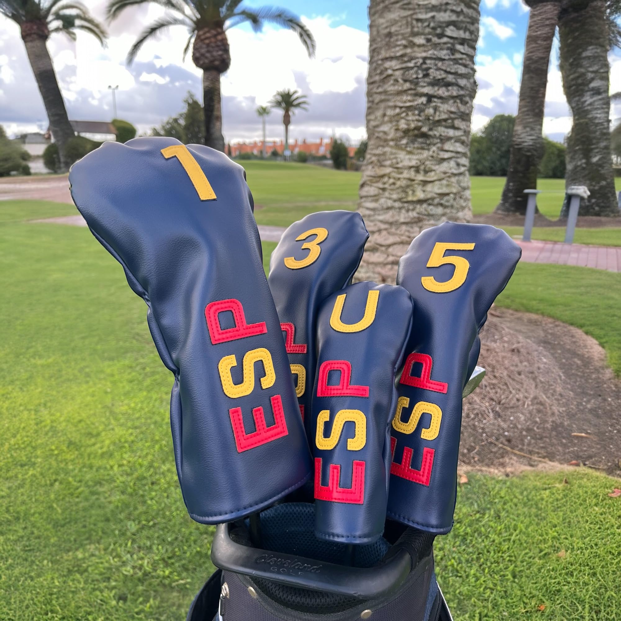 Funda Driver Palo de Golf Serie ESPAÑA - Set para Driver, Maderas e Híbrido - Cuero Waterproof con Número Bordado Estilo Vintage - Interior Suave y Delicado