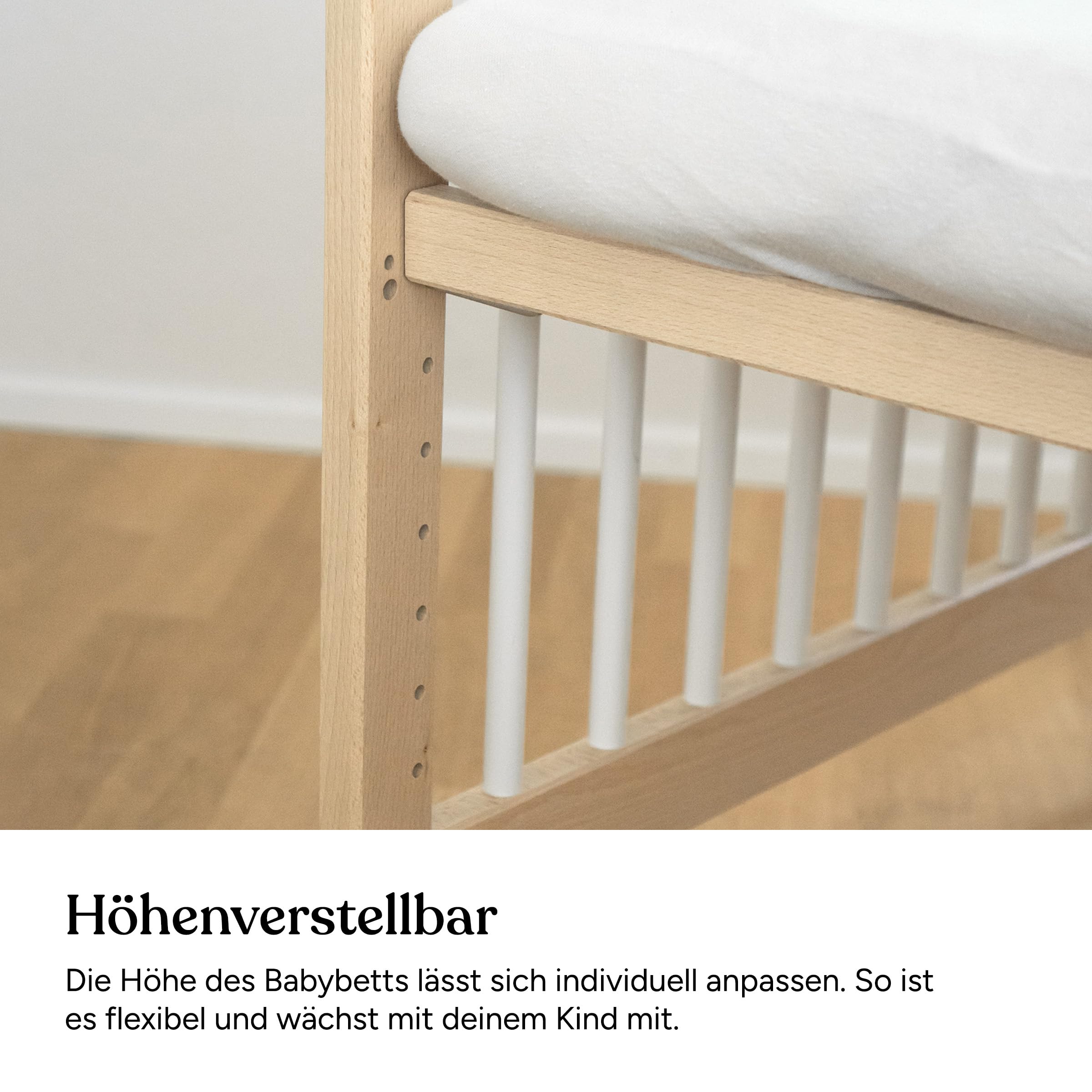 Ehrenkind® Babybett PUR inkl. Schublade 120x60 Buchenholz | Natur-Weiß | Kinderbett 9-Fach höhenverstellbar mit entnehmbaren Stangen | Baby Bett