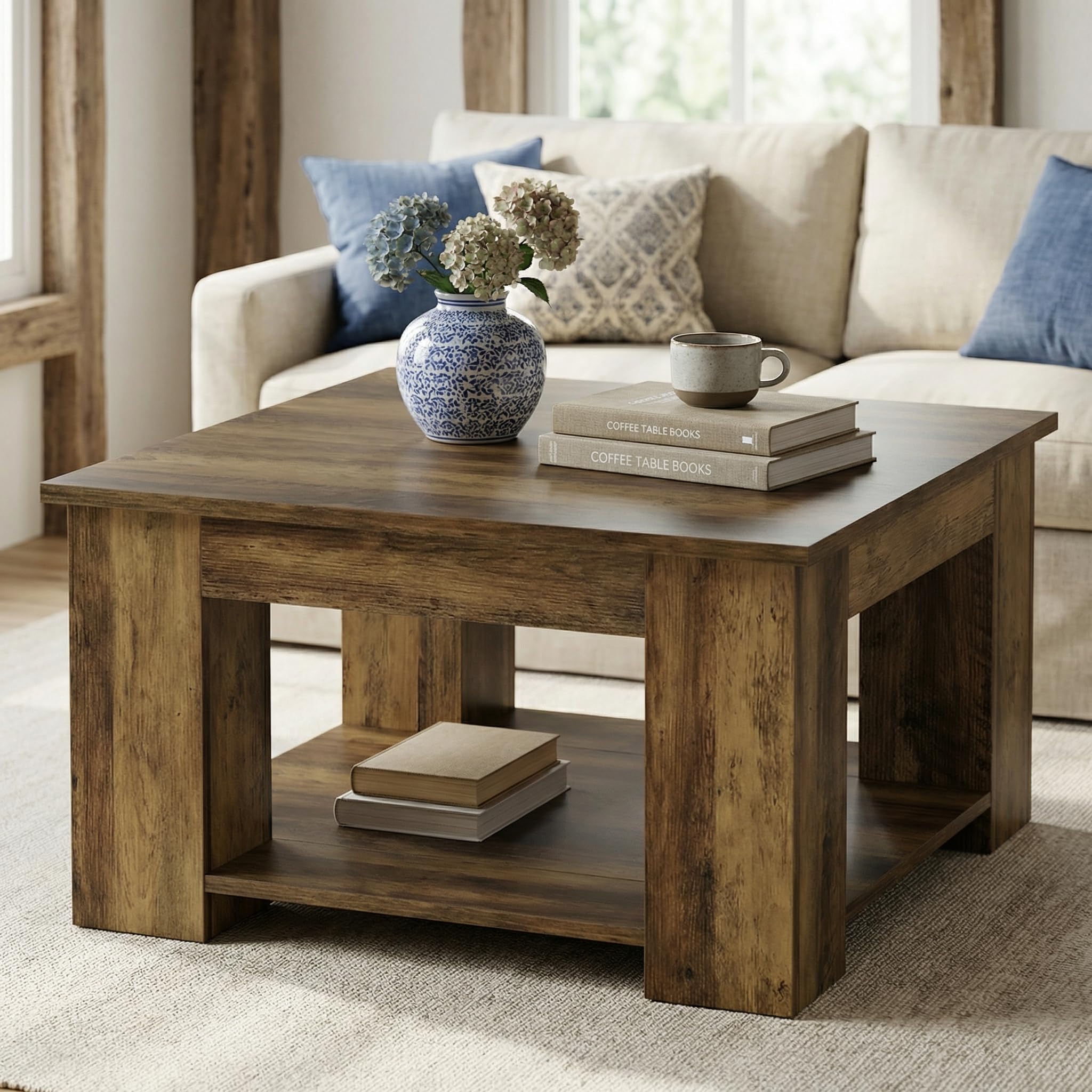Tribesigns 31 49 Square Coffee Table with Storage Shelf Rustic Wooden Center Table 2-Tier Low Cocktail Tea Furniture